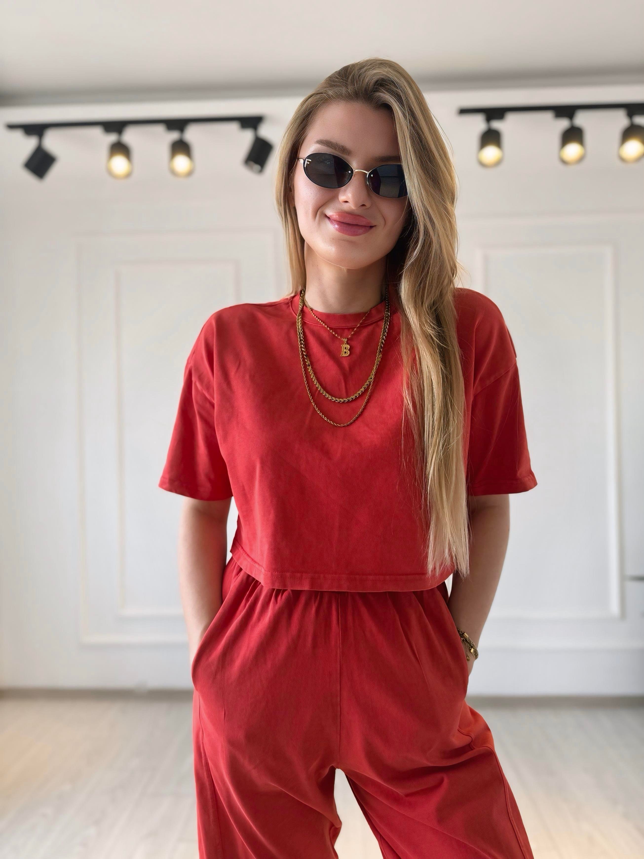TAKIMMarka Model Kar Yıkamalı Pantolon Tshirt Takım - Nar Çiçeği