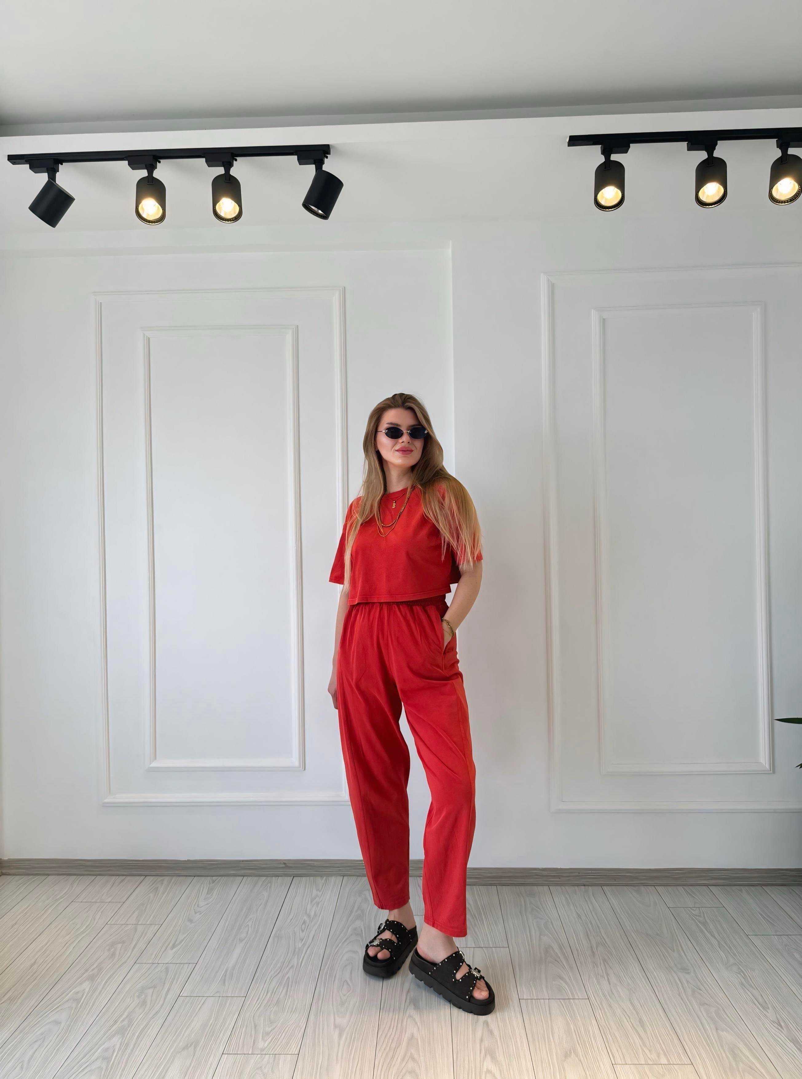 TAKIMMarka Model Kar Yıkamalı Pantolon Tshirt Takım - Nar Çiçeği