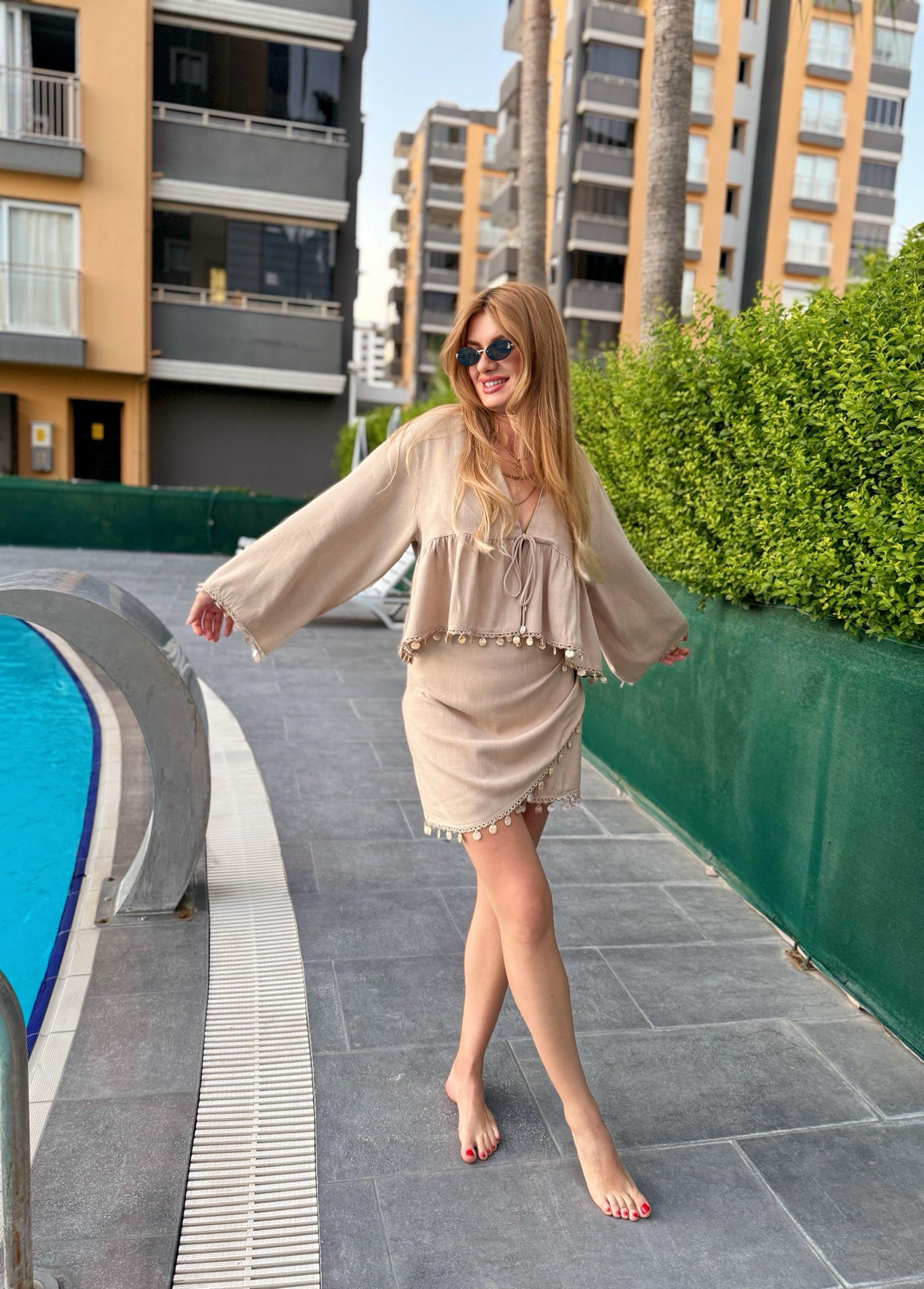 TAKIMMidye Kabuk Boncuk İşlemeli Keten Kimono Etek Takım - Natur