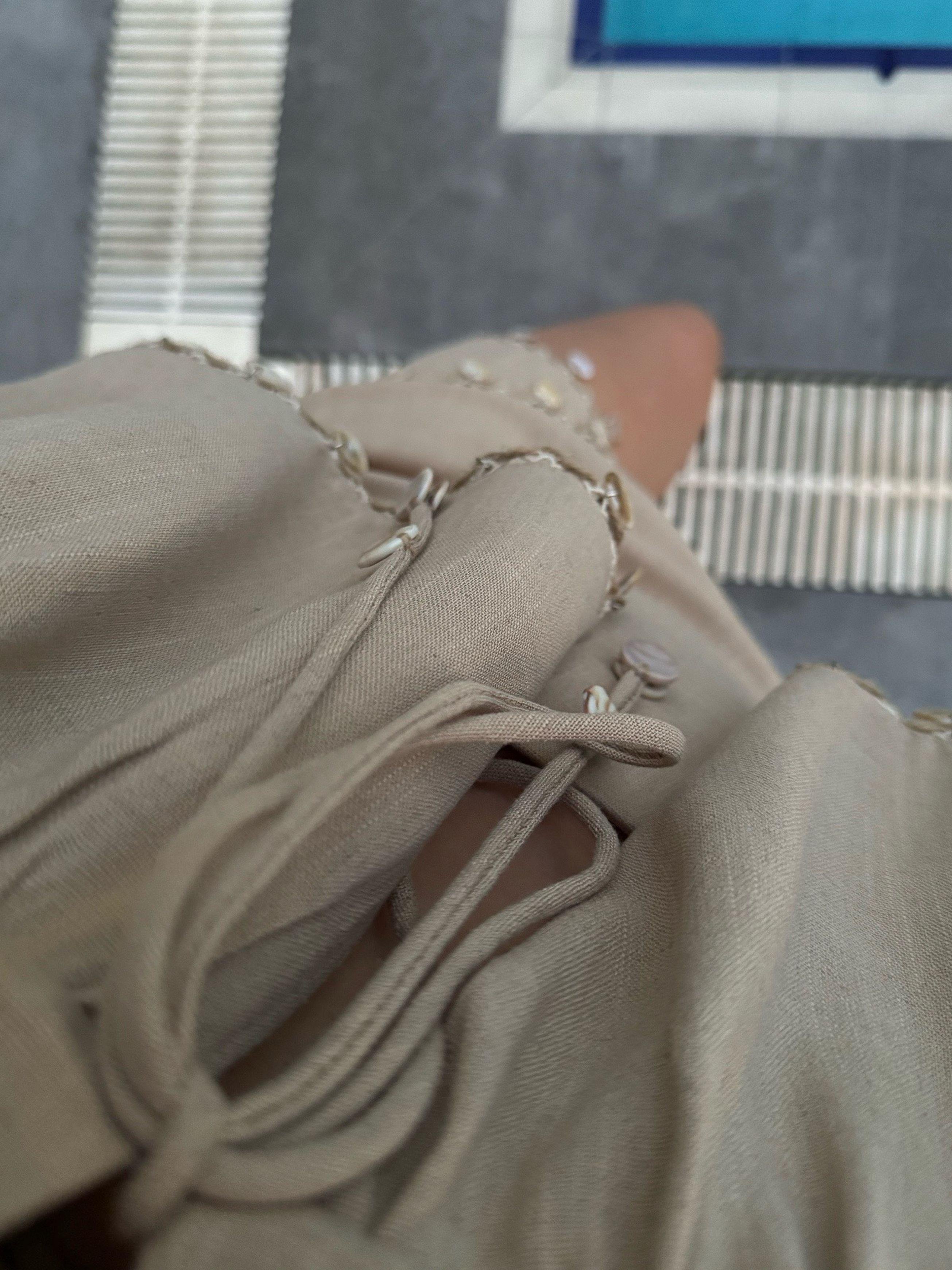 TAKIMMidye Kabuk Boncuk İşlemeli Keten Kimono Etek Takım - Natur