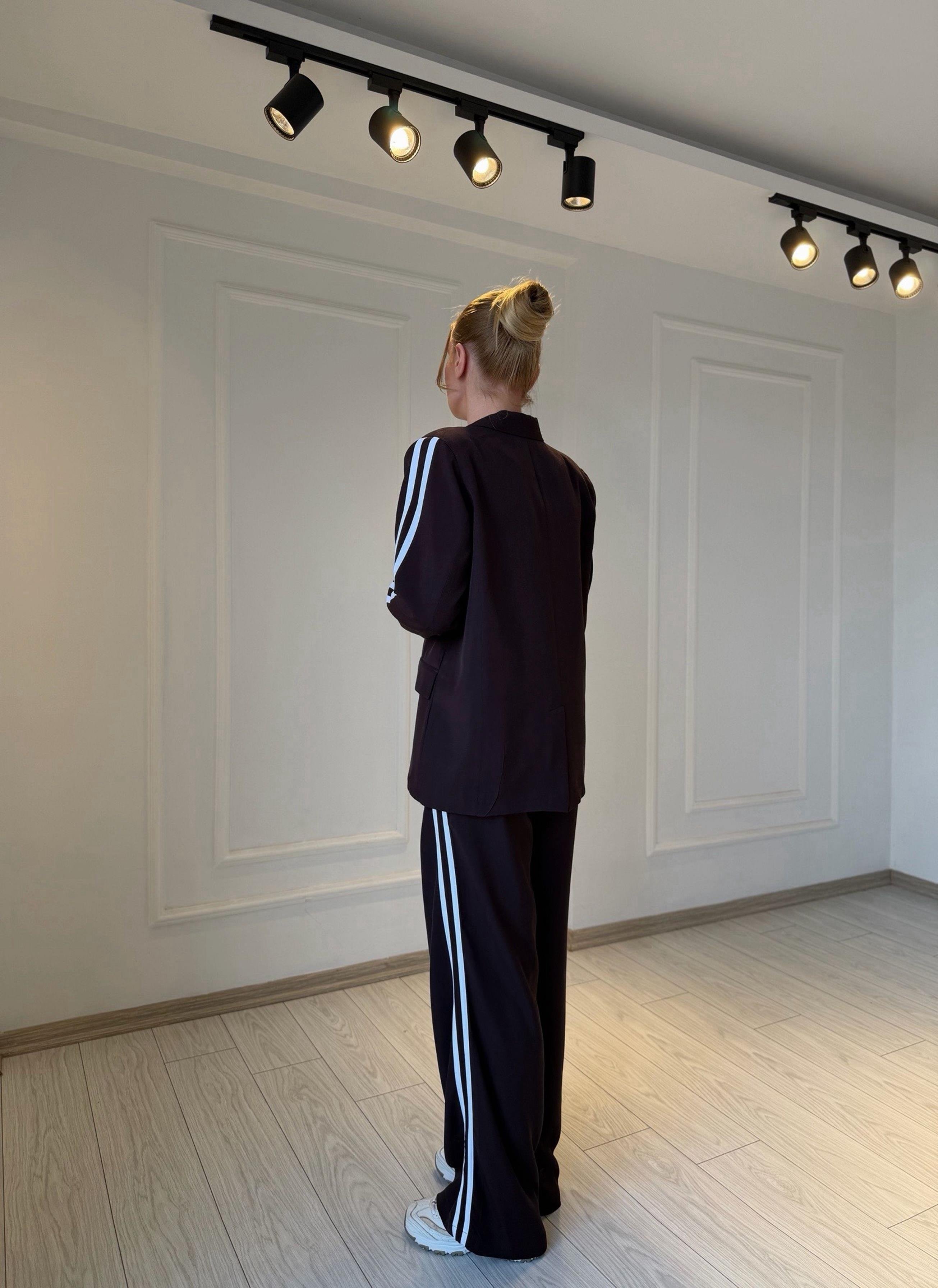 TAKIMMürdüm Kahve Şerit Detay Tensel Kumaş Blazer Pantolon Takım