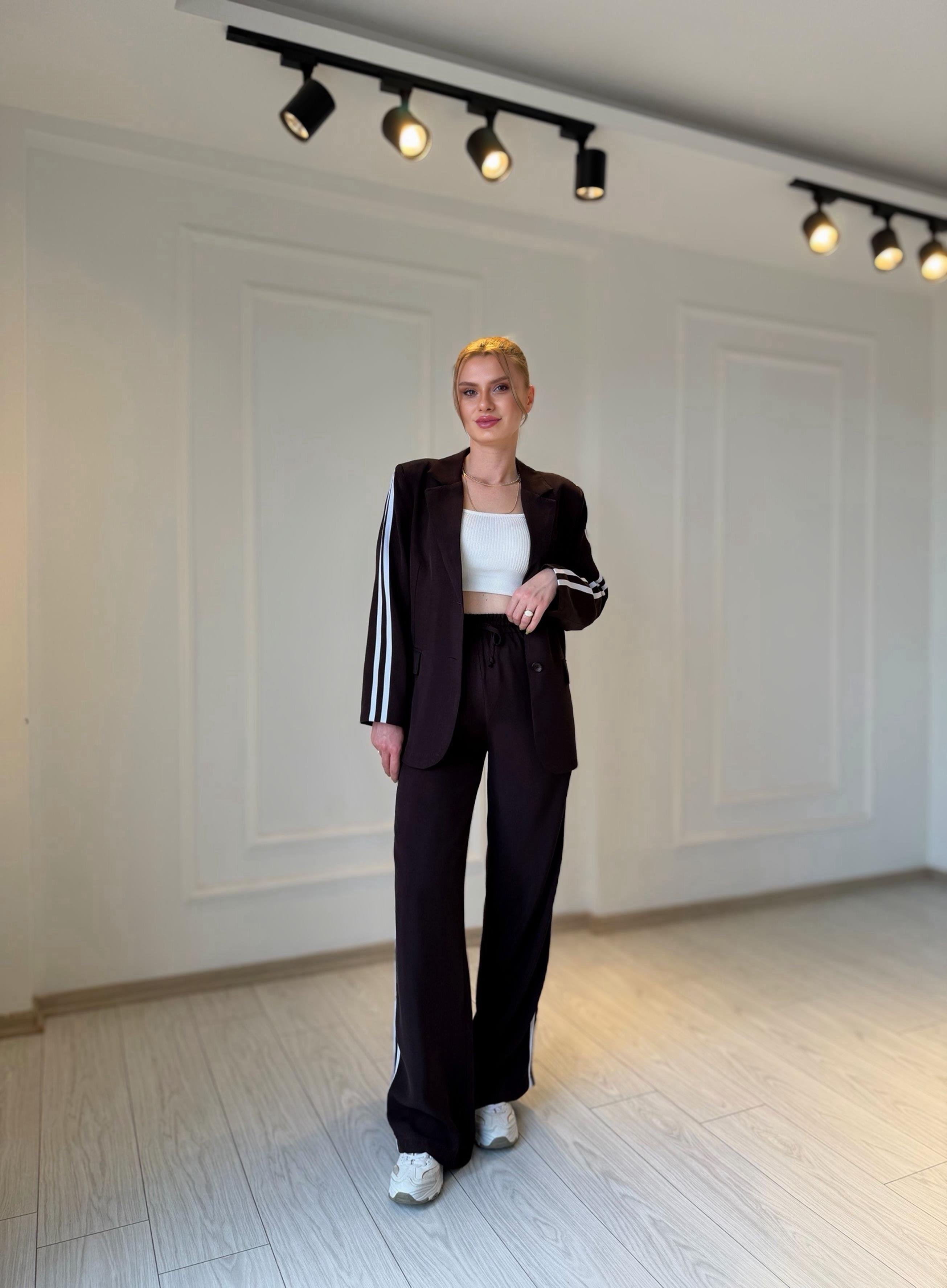 TAKIMMürdüm Kahve Şerit Detay Tensel Kumaş Blazer Pantolon Takım