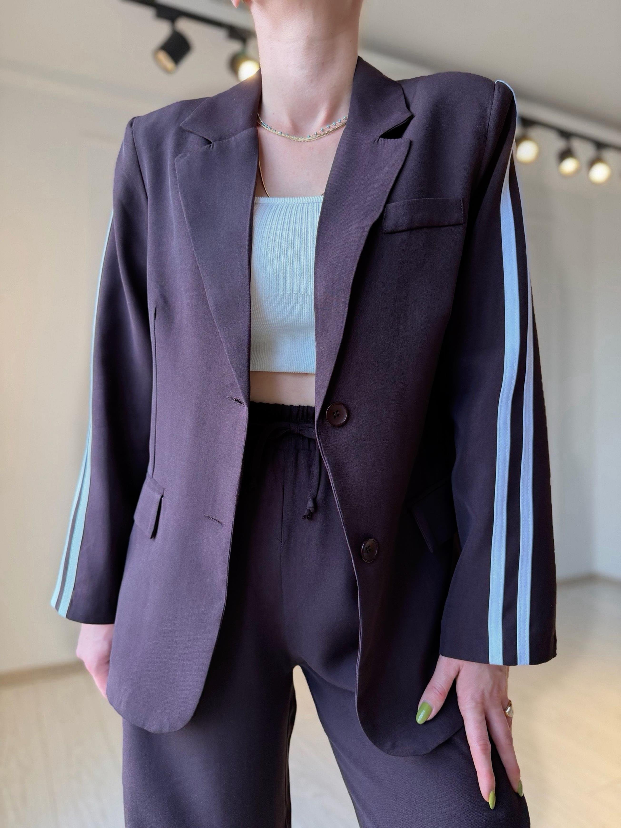 TAKIMMürdüm Kahve Şerit Detay Tensel Kumaş Blazer Pantolon Takım