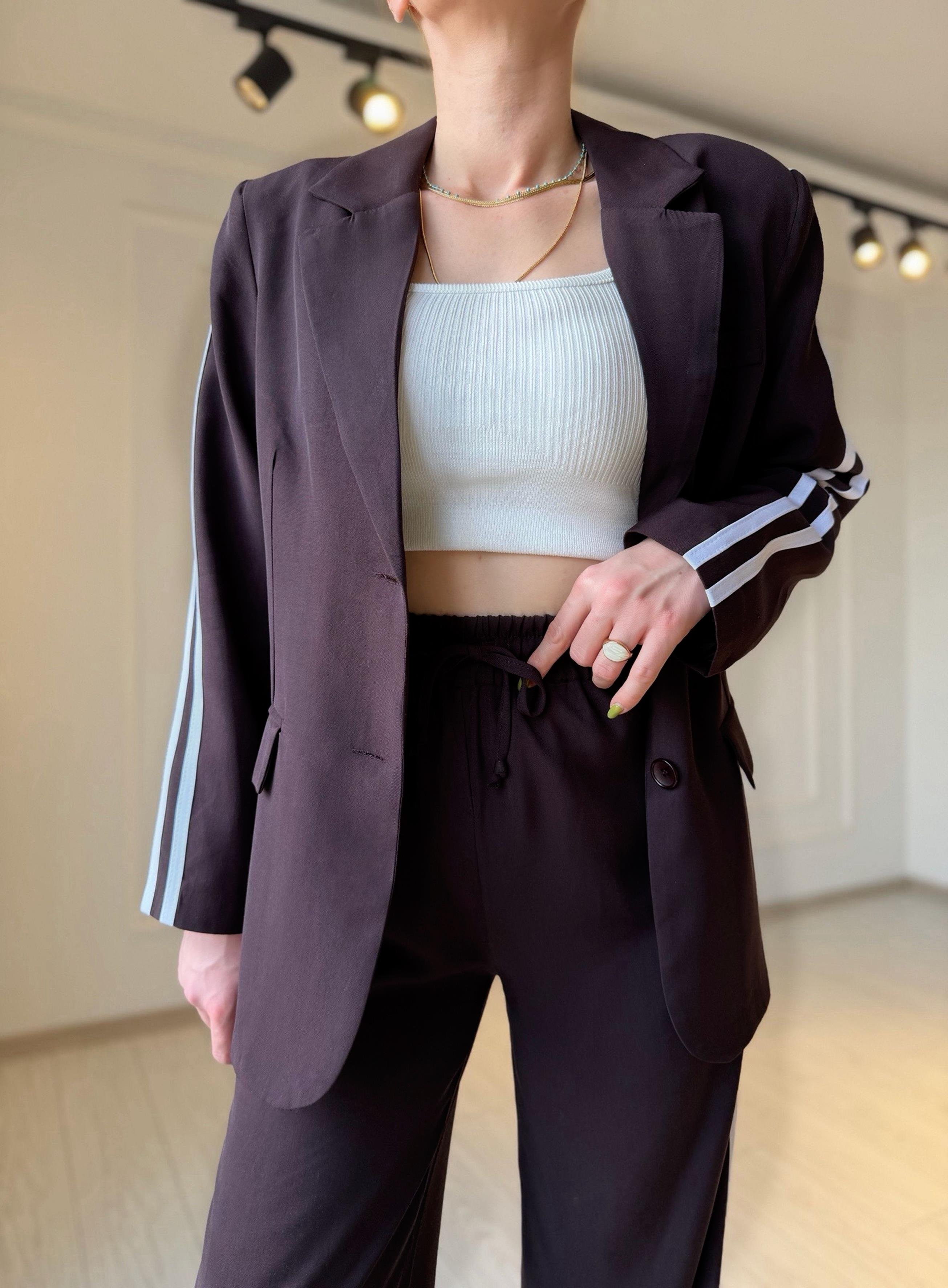 TAKIMMürdüm Kahve Şerit Detay Tensel Kumaş Blazer Pantolon Takım