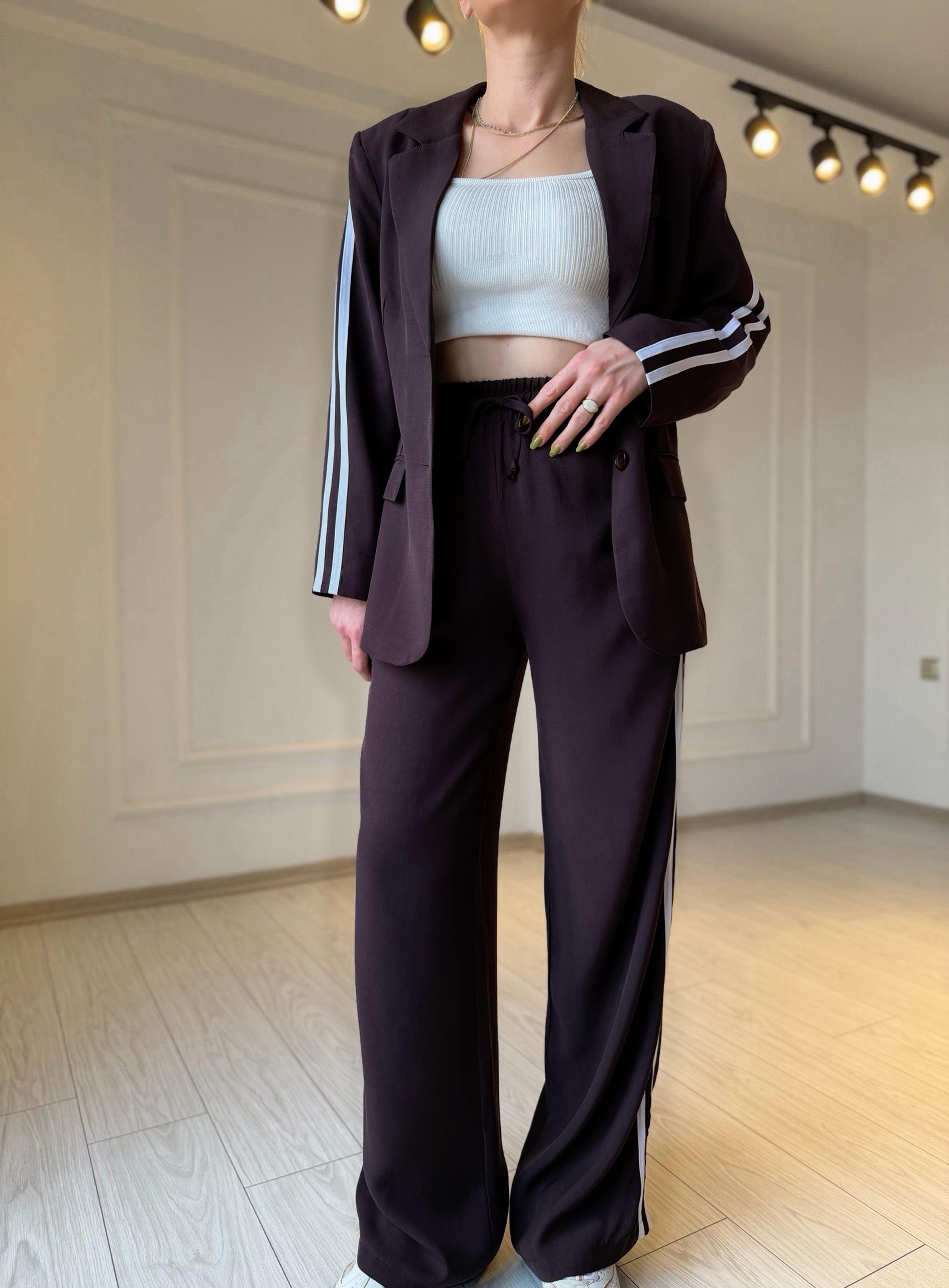 TAKIMMürdüm Kahve Şerit Detay Tensel Kumaş Blazer Pantolon Takım