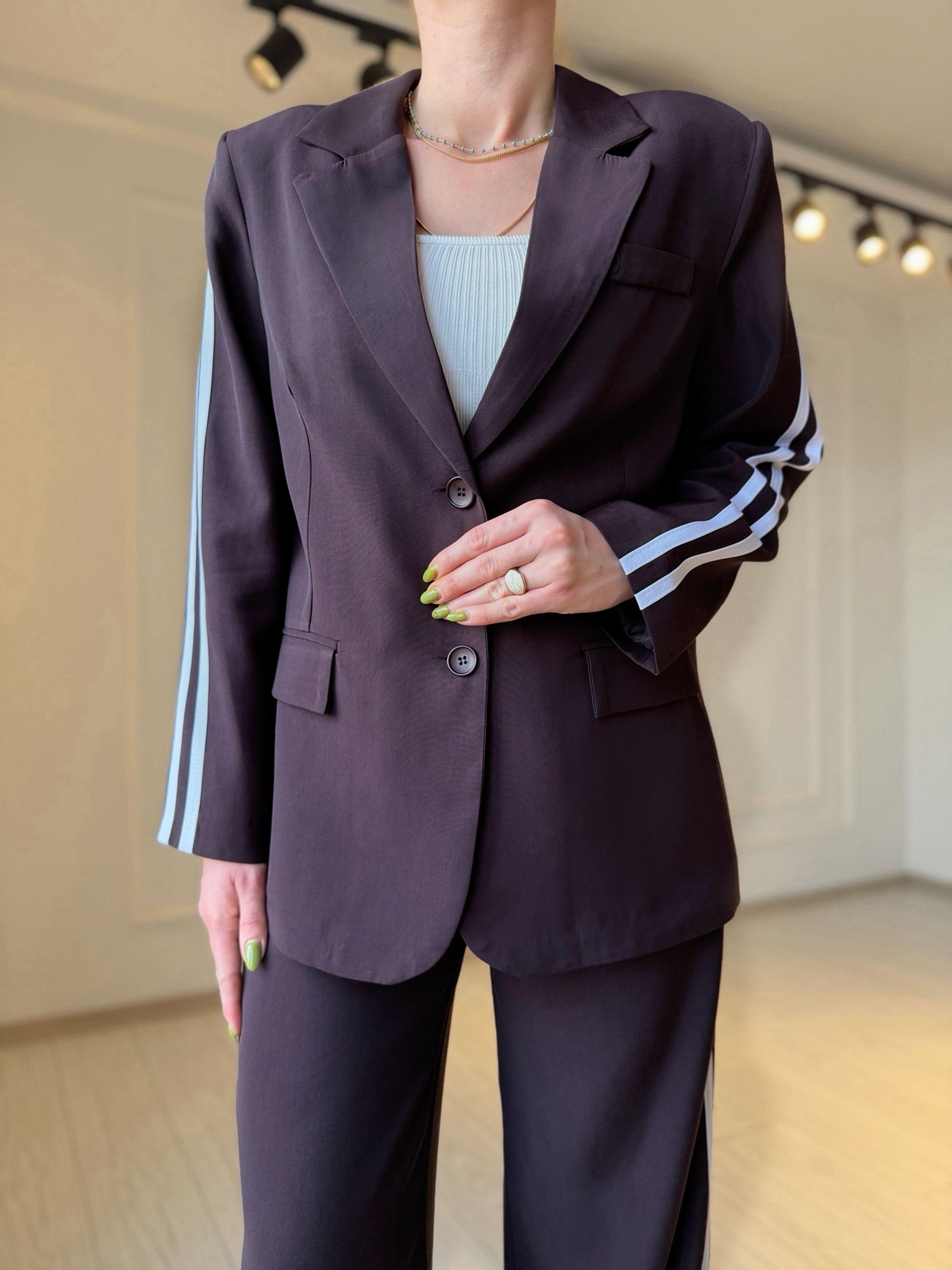 TAKIMMürdüm Kahve Şerit Detay Tensel Kumaş Blazer Pantolon Takım