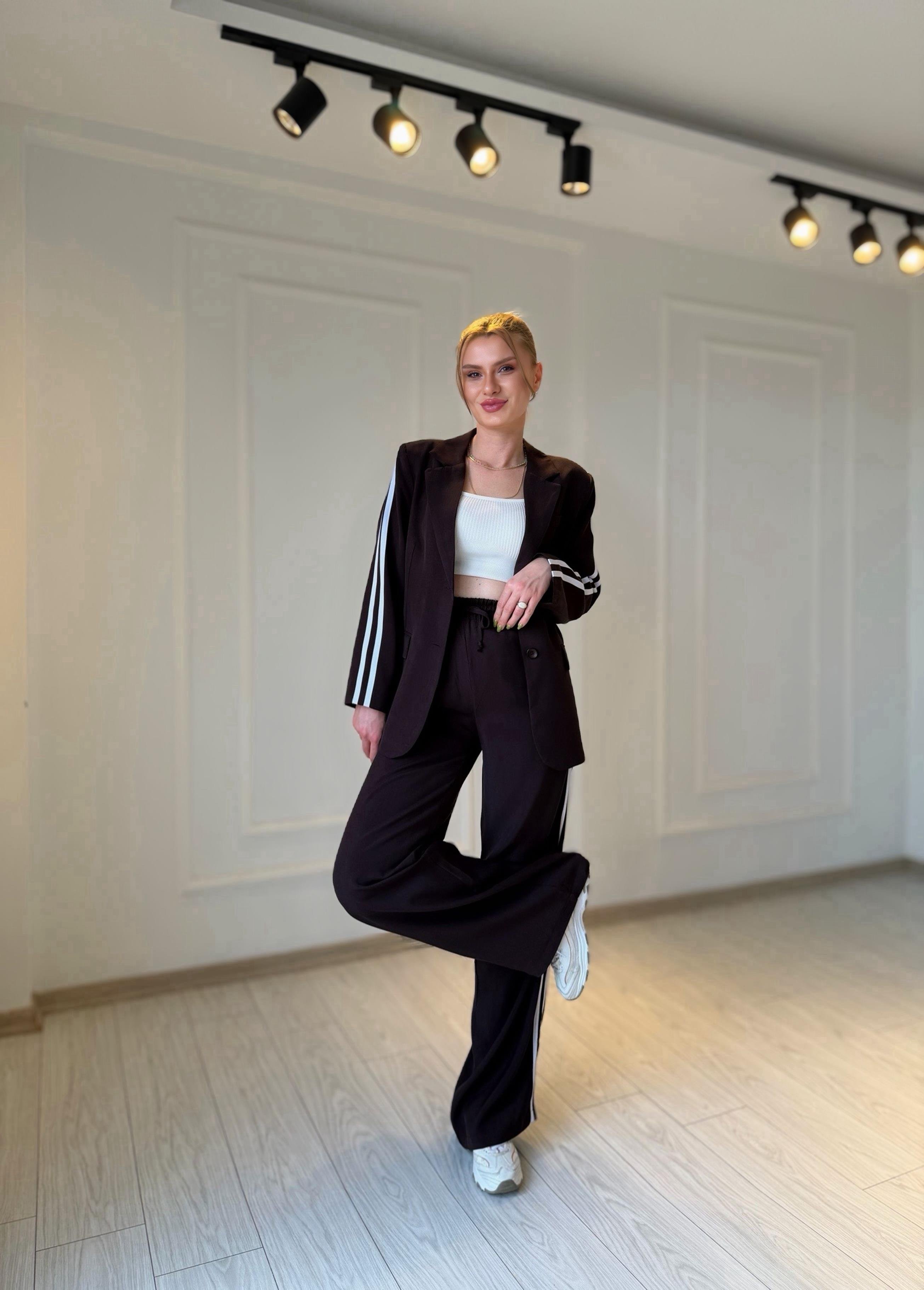 TAKIMMürdüm Kahve Şerit Detay Tensel Kumaş Blazer Pantolon Takım