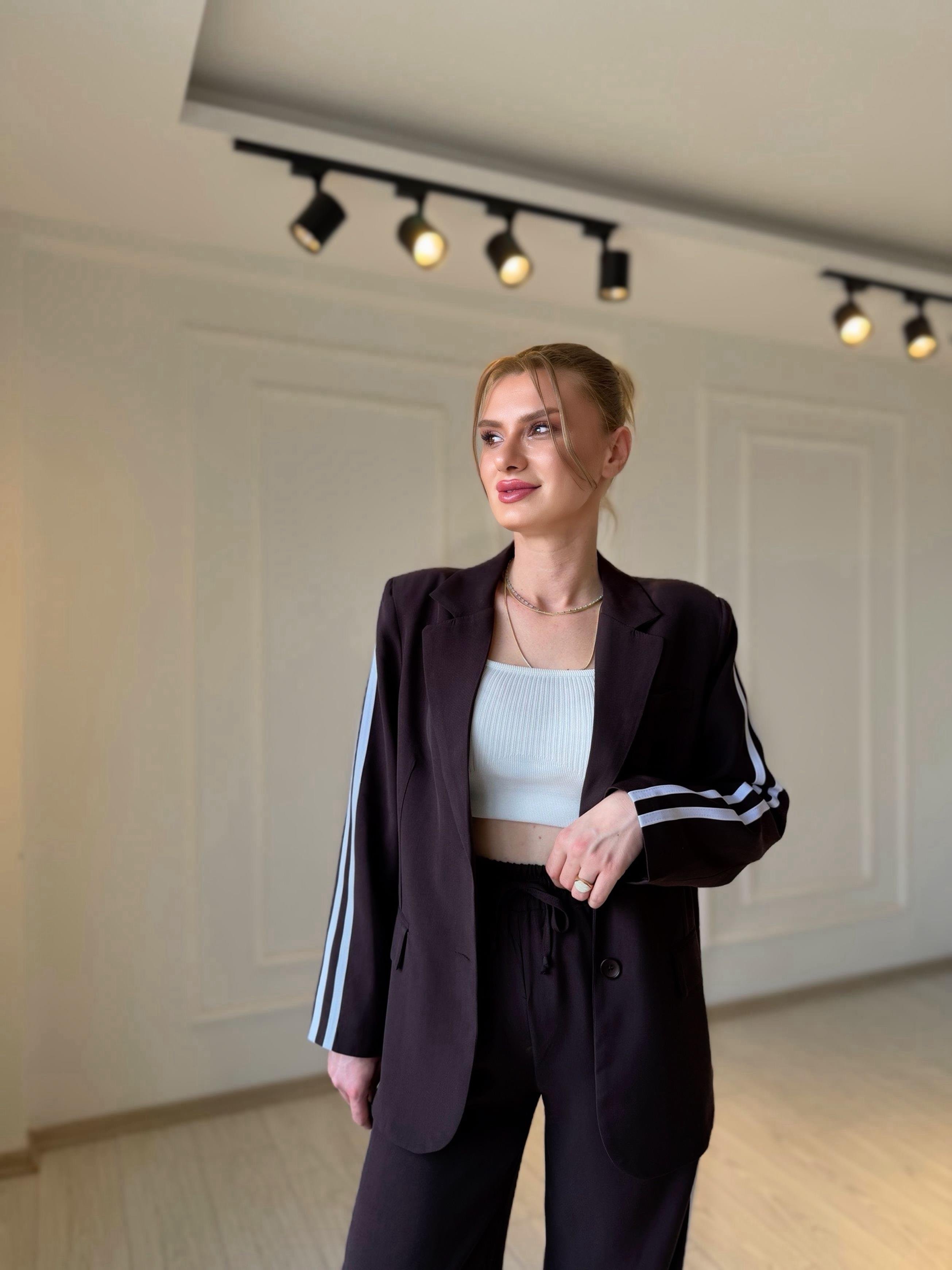 TAKIMMürdüm Kahve Şerit Detay Tensel Kumaş Blazer Pantolon Takım