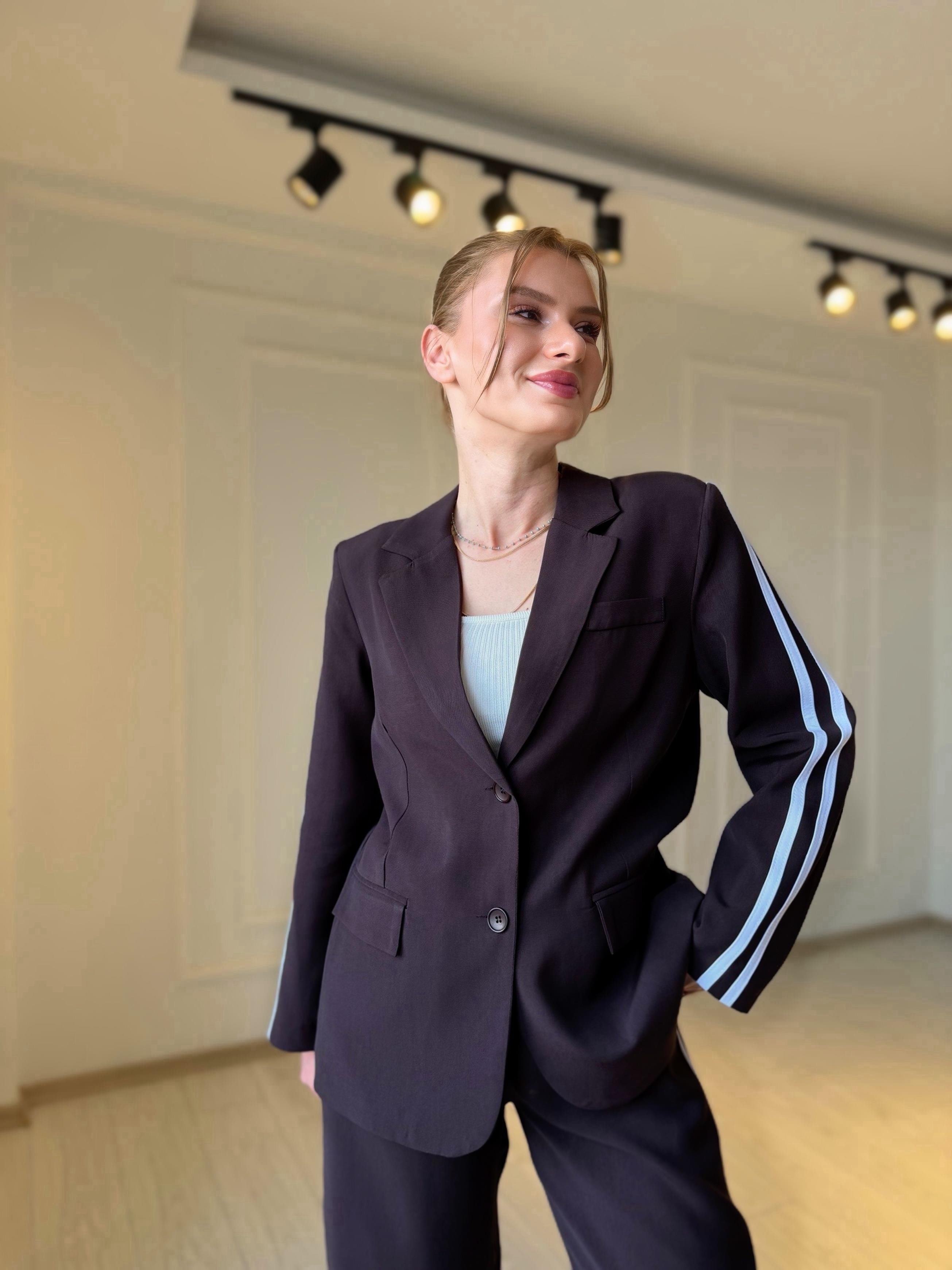 TAKIMMürdüm Kahve Şerit Detay Tensel Kumaş Blazer Pantolon Takım