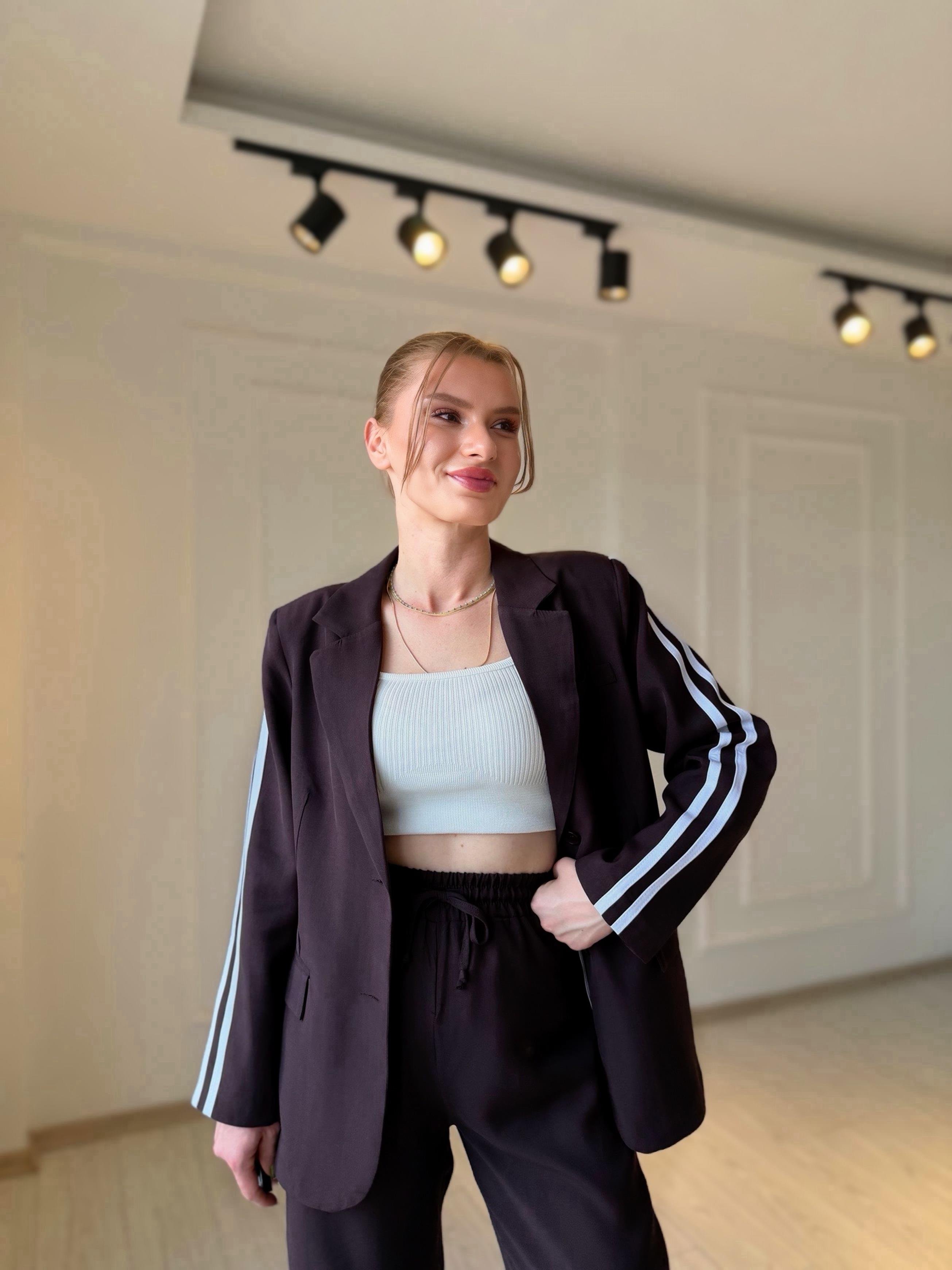TAKIMMürdüm Kahve Şerit Detay Tensel Kumaş Blazer Pantolon Takım