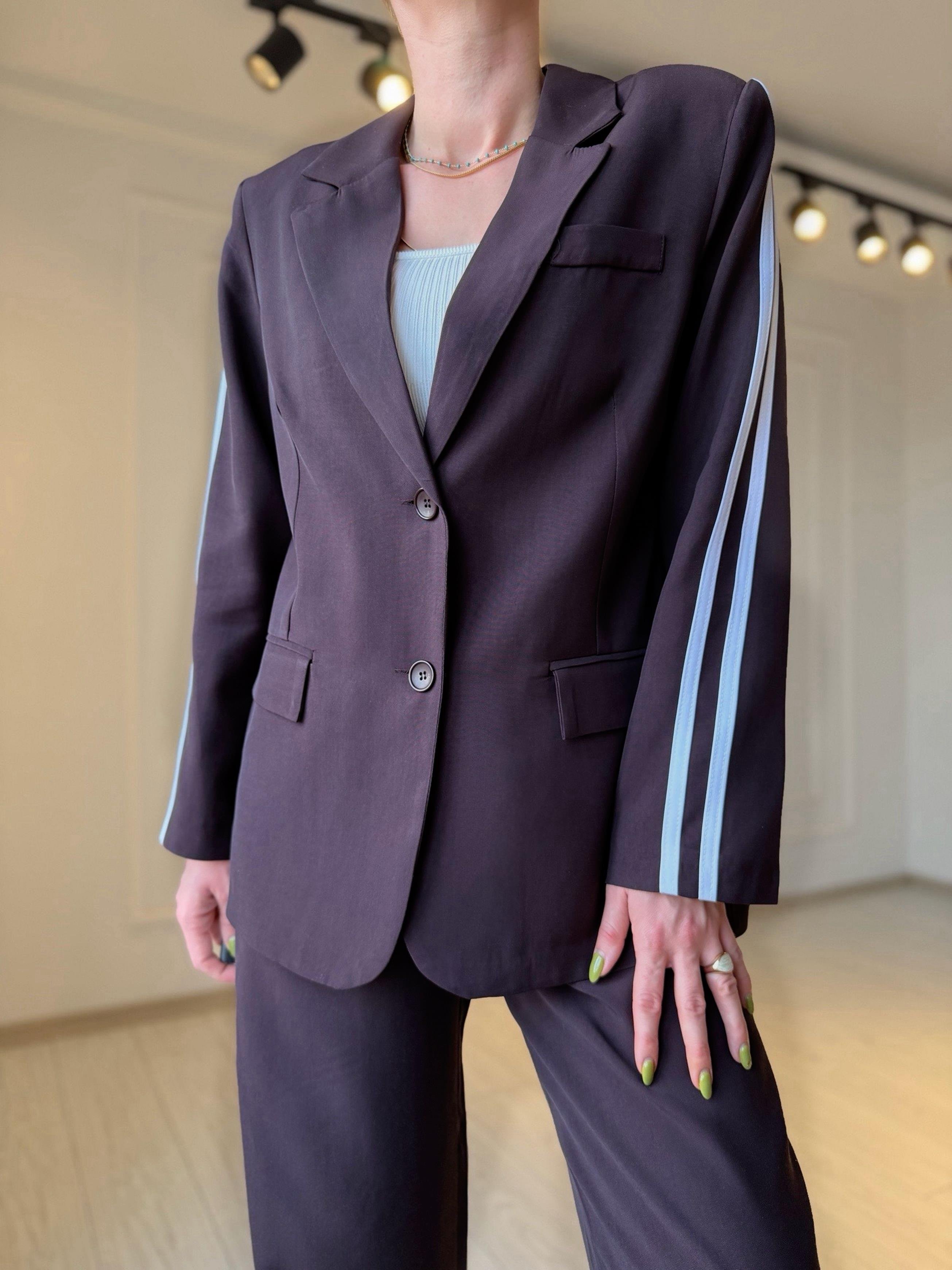 TAKIMMürdüm Kahve Şerit Detay Tensel Kumaş Blazer Pantolon Takım