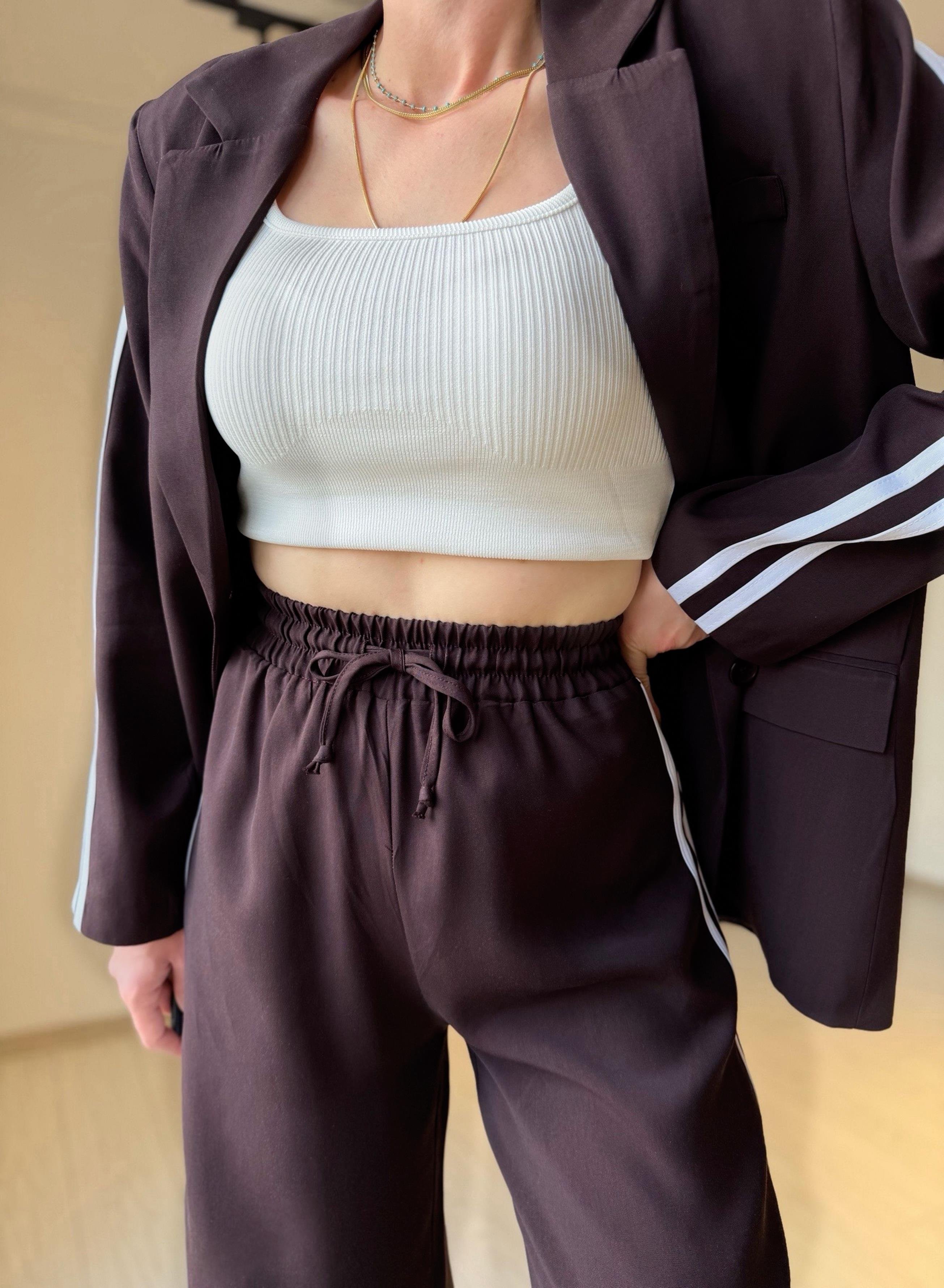 TAKIMMürdüm Kahve Şerit Detay Tensel Kumaş Blazer Pantolon Takım