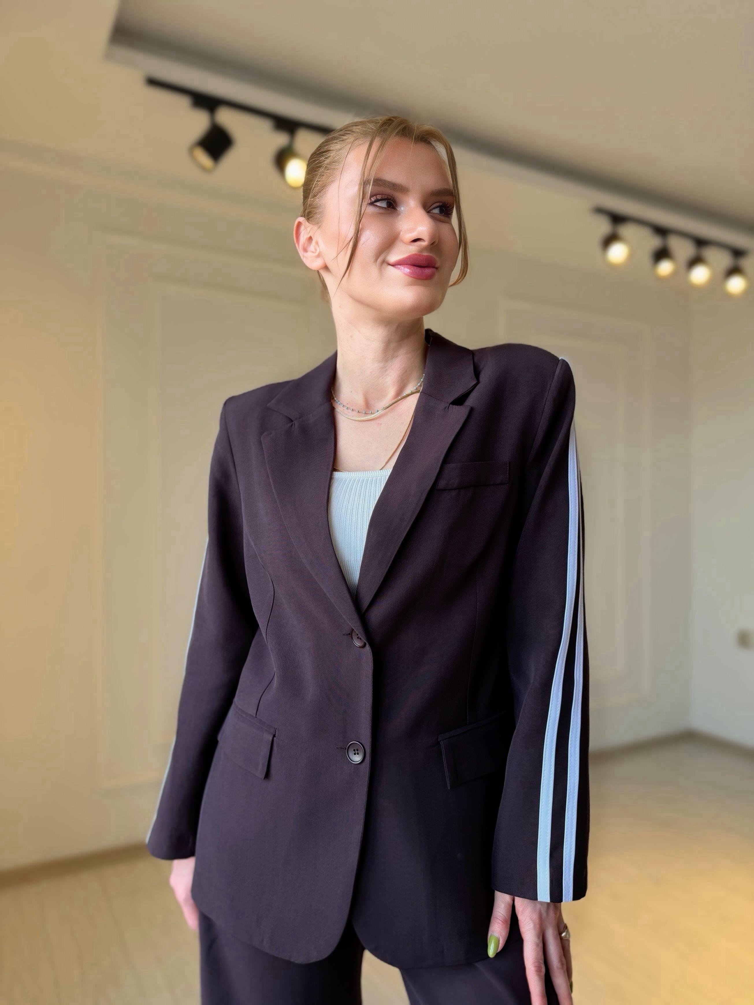 TAKIMMürdüm Kahve Şerit Detay Tensel Kumaş Blazer Pantolon Takım
