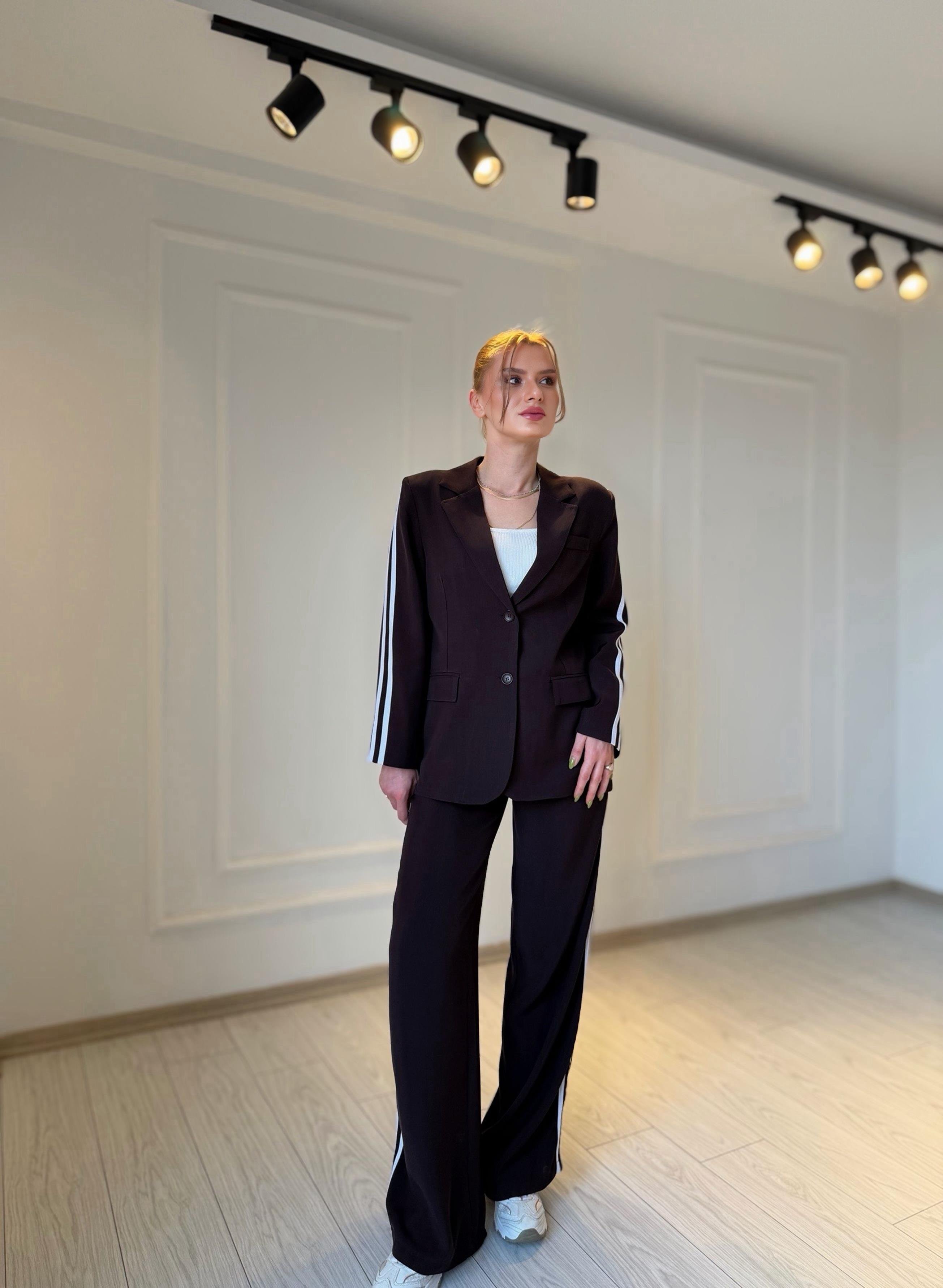 TAKIMMürdüm Kahve Şerit Detay Tensel Kumaş Blazer Pantolon Takım