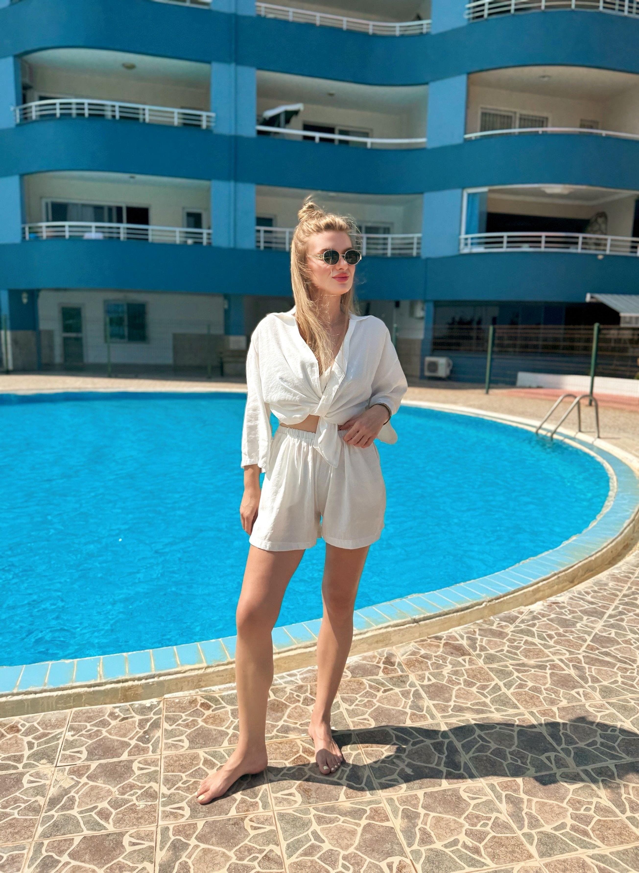 TAKIMPremium Gömlek Şort İkili Takım - Ekru