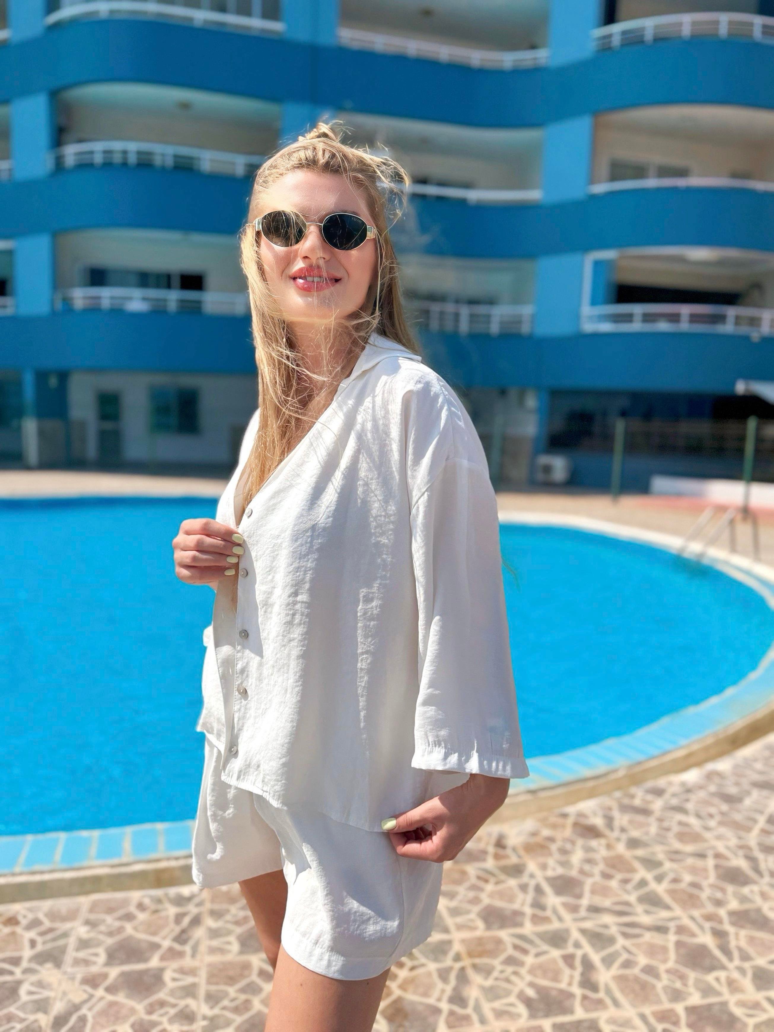 TAKIMPremium Gömlek Şort İkili Takım - Ekru