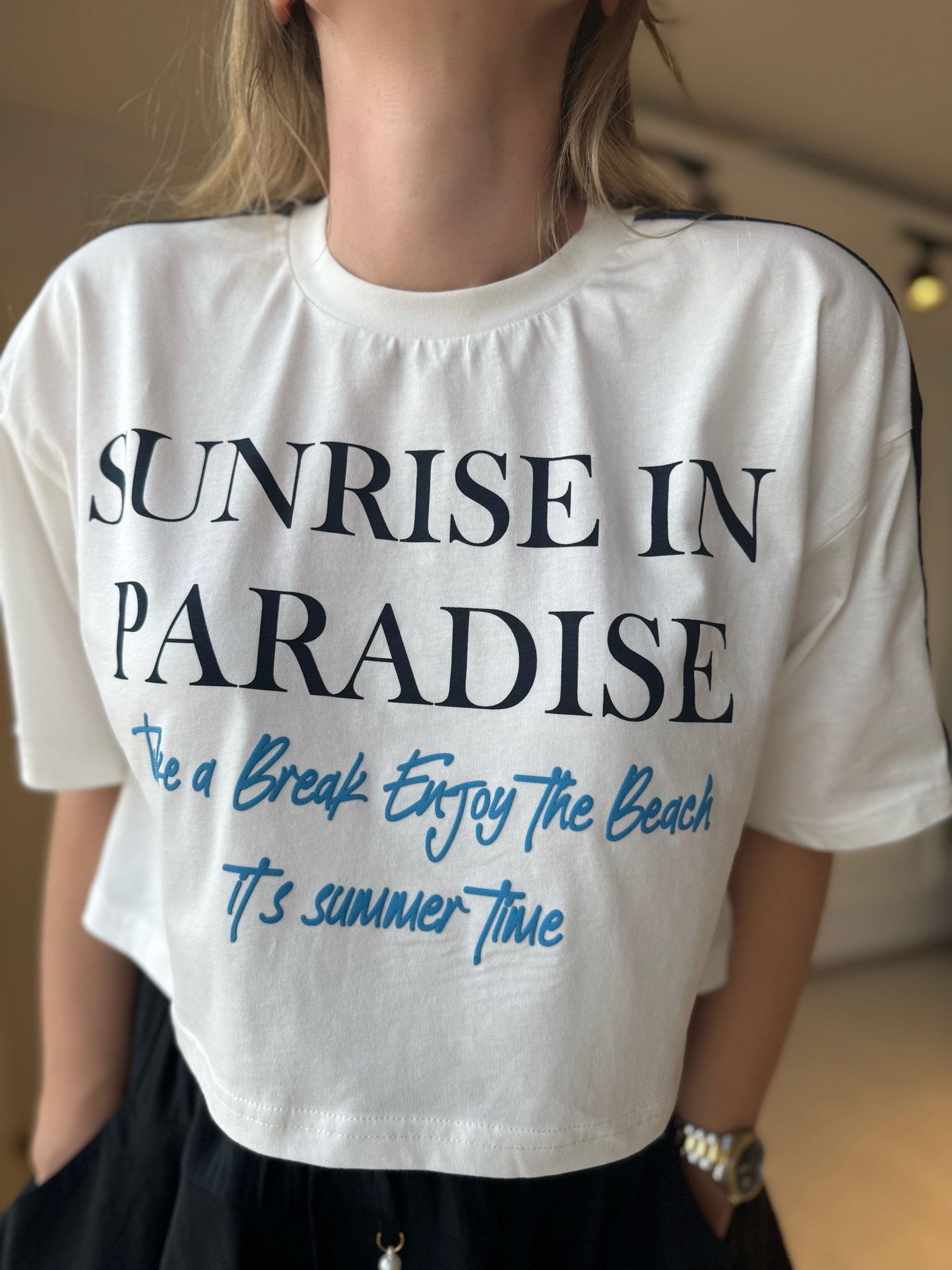 TshirtBiye Detaylı Yazı Baskılı Crop T-shirt - Ekru