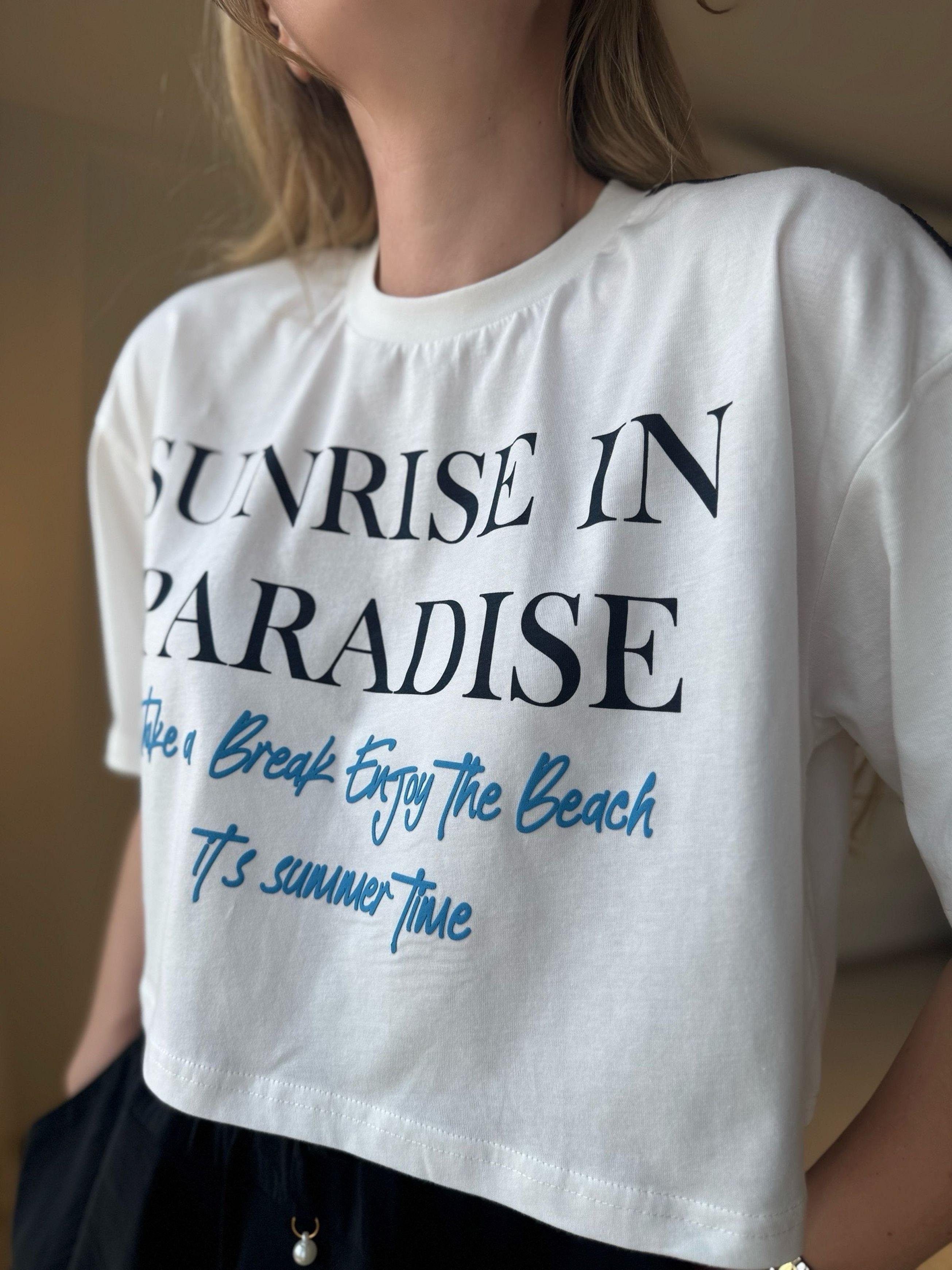 TshirtBiye Detaylı Yazı Baskılı Crop T-shirt - Ekru