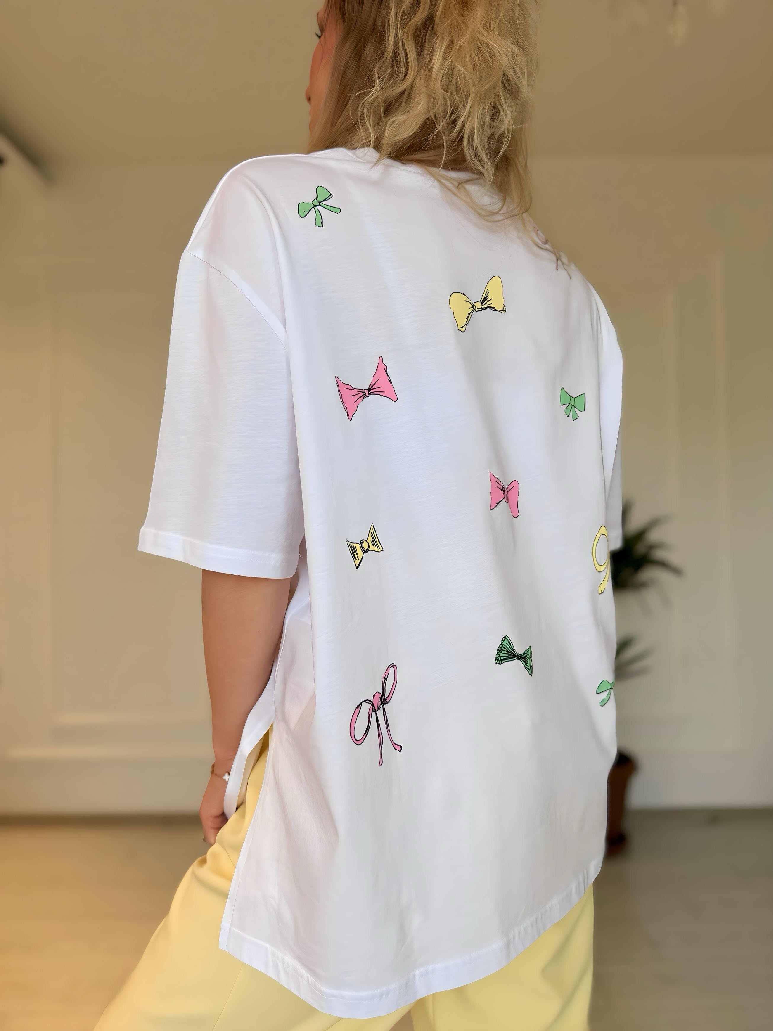 TshirtFiyonk Baskı Detaylı Oversize T-shirt - Beyaz