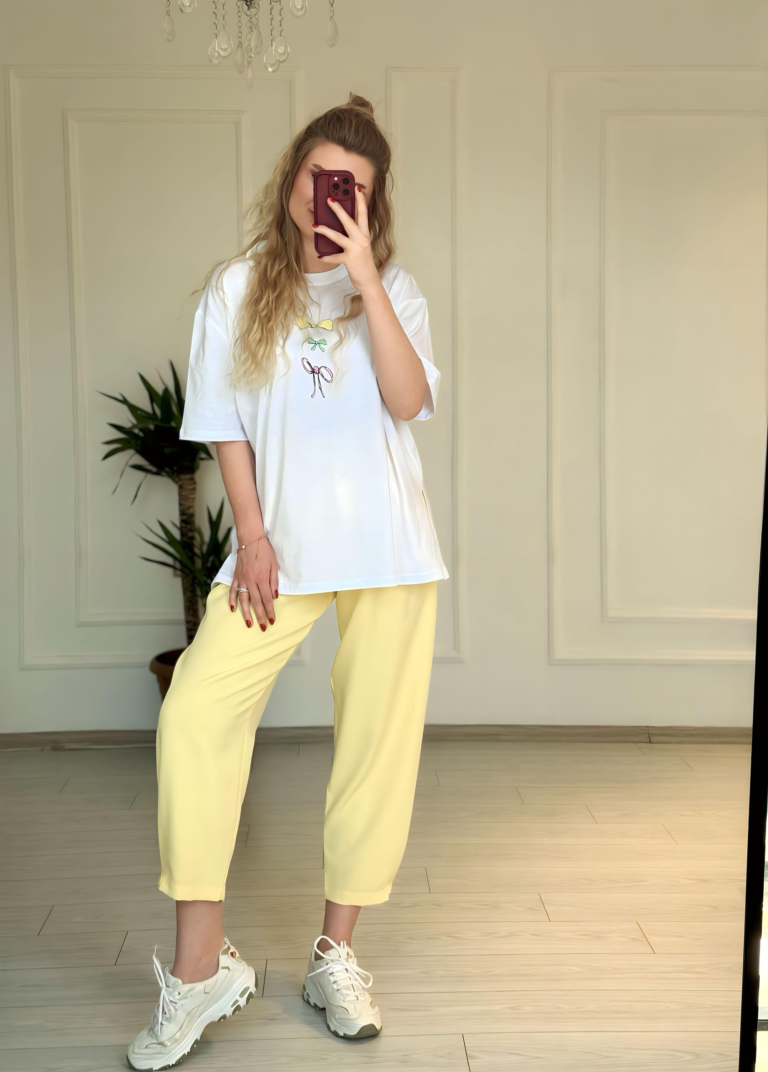 TshirtFiyonk Baskı Detaylı Oversize T-shirt - Beyaz