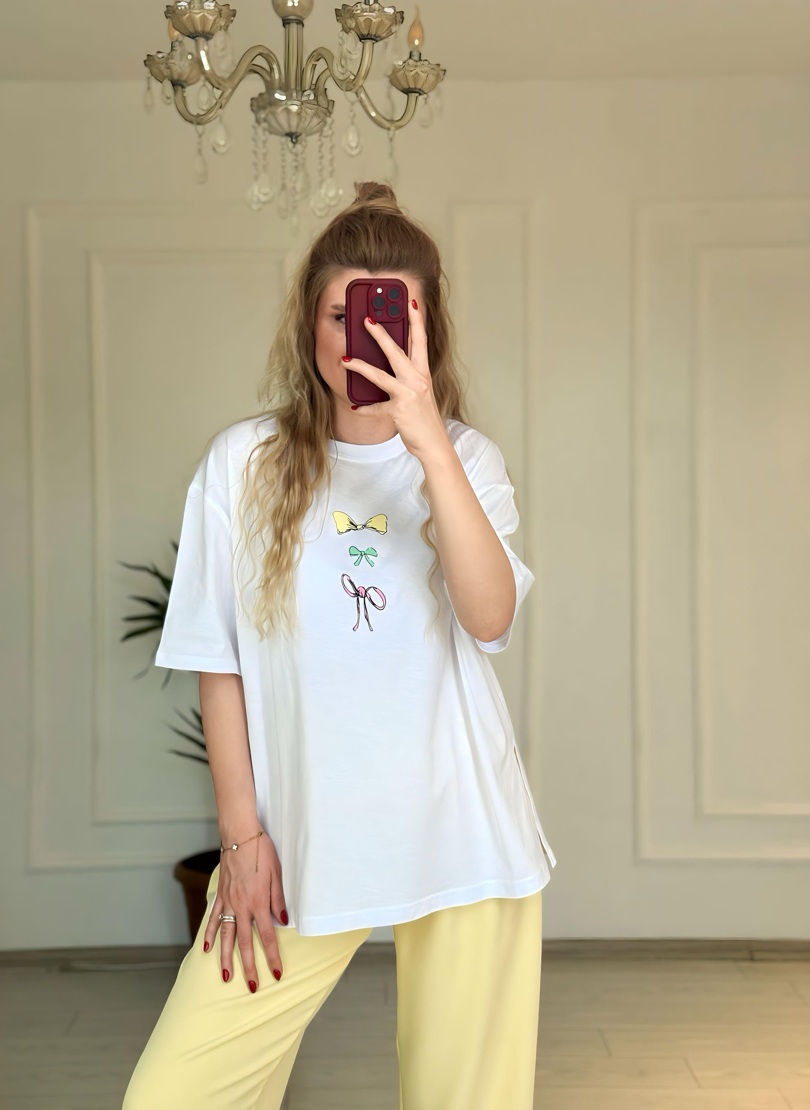 TshirtFiyonk Baskı Detaylı Oversize T-shirt - Beyaz