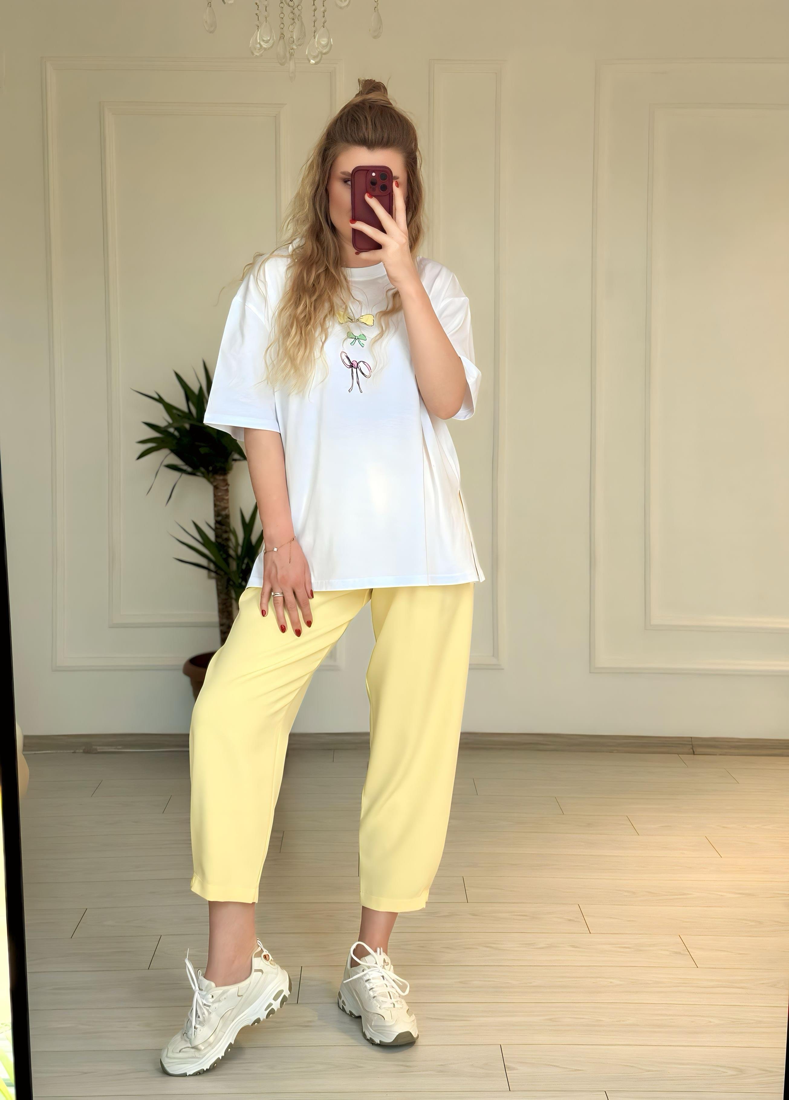 TshirtFiyonk Baskı Detaylı Oversize T-shirt - Beyaz