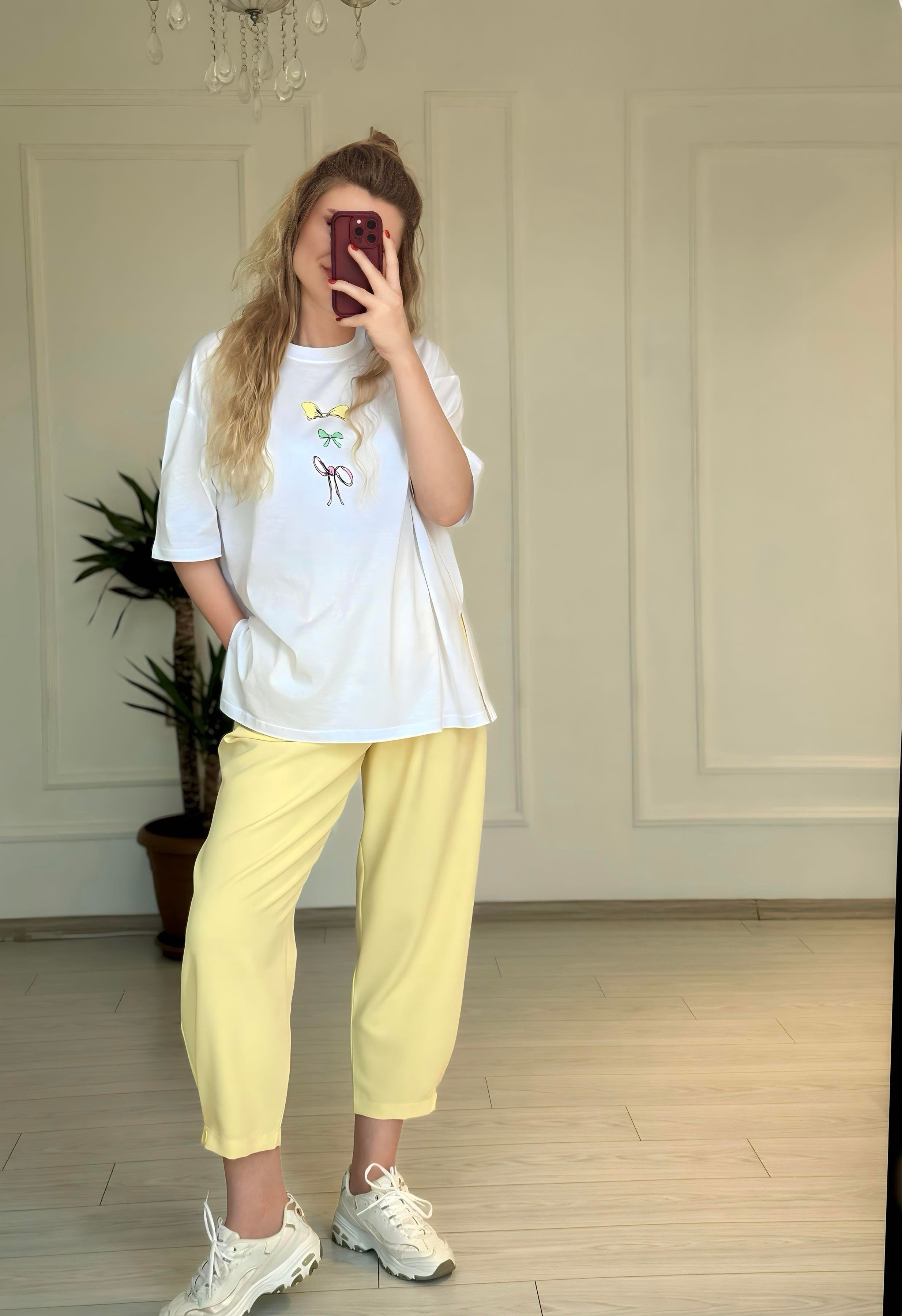 TshirtFiyonk Baskı Detaylı Oversize T-shirt - Beyaz