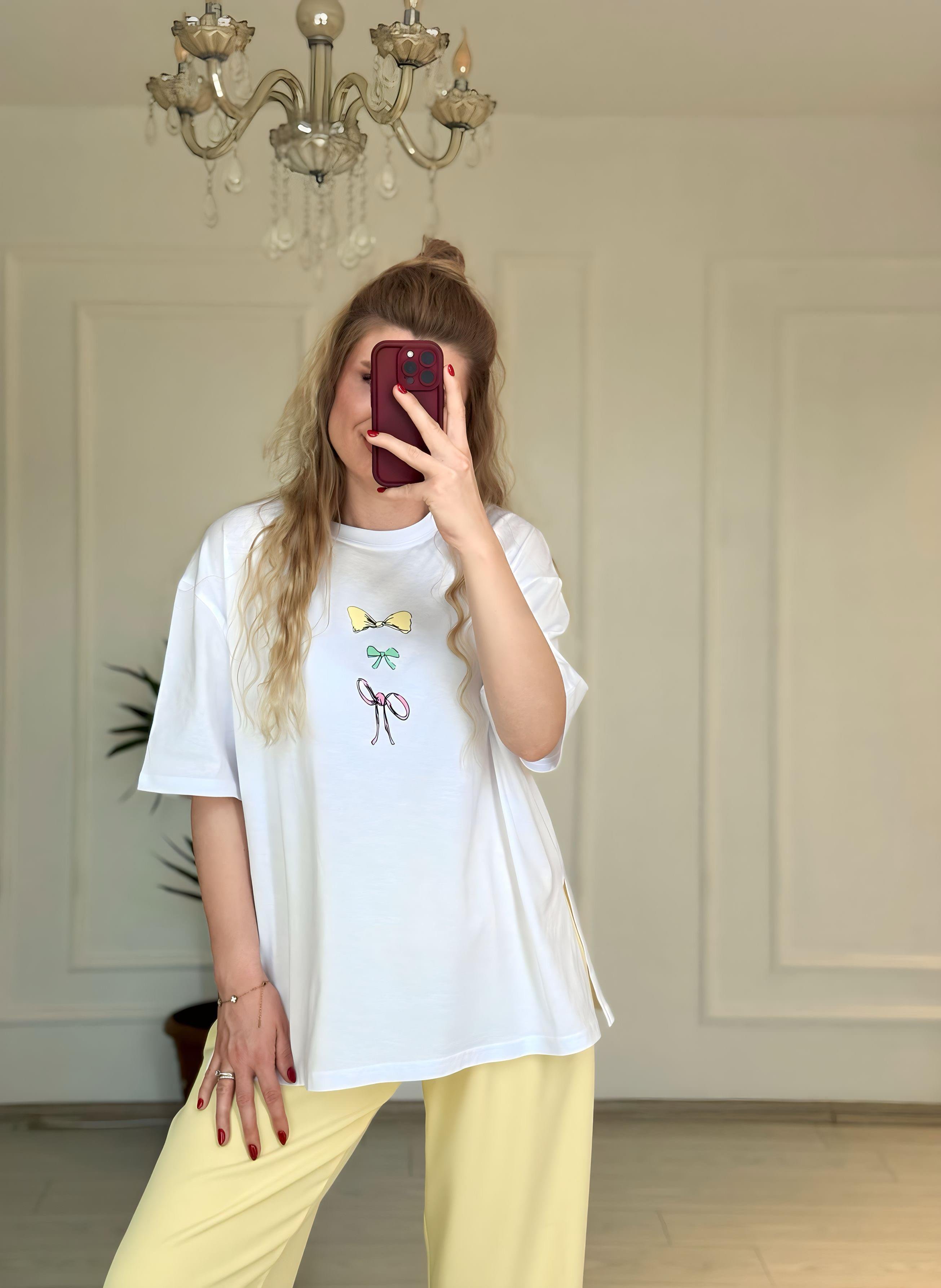 TshirtFiyonk Baskı Detaylı Oversize T-shirt - Beyaz