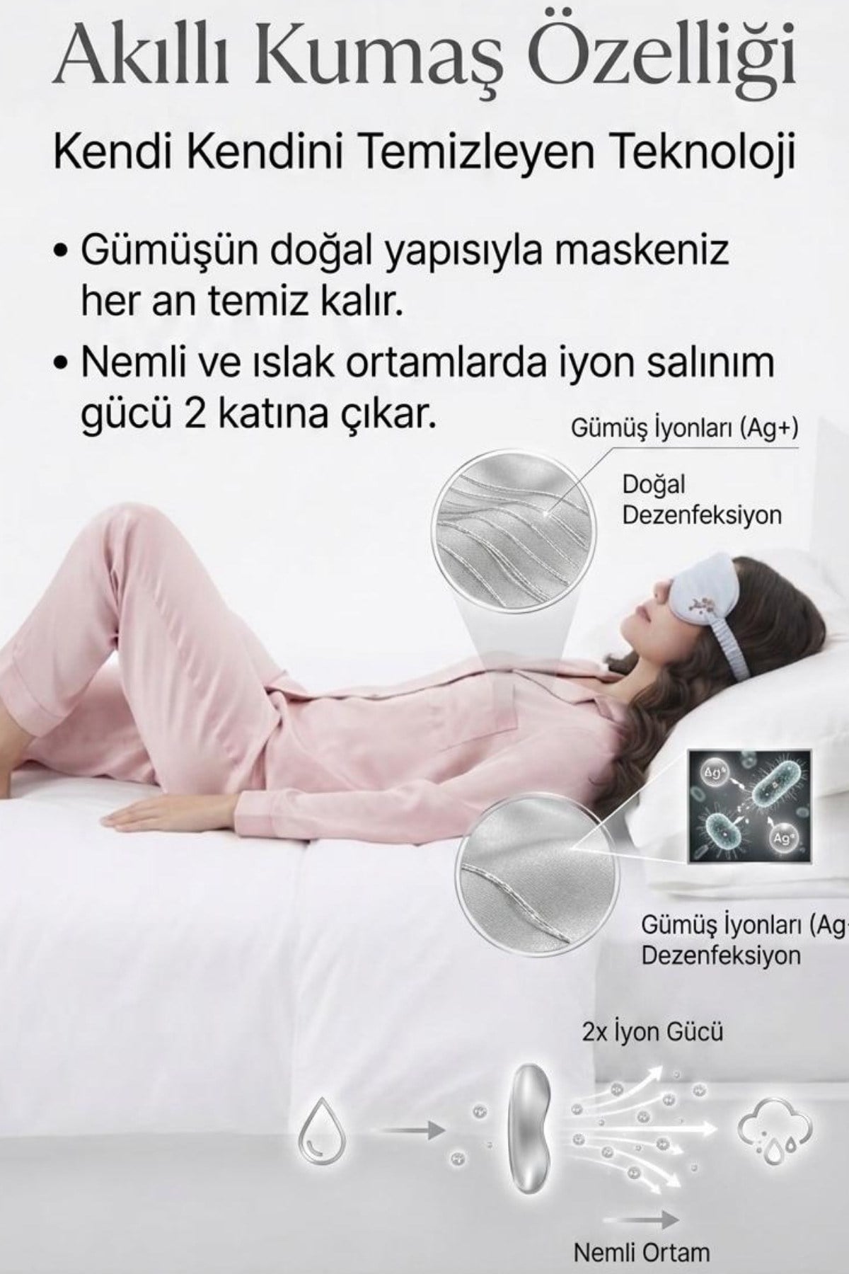 %99.9 Saf Gümüş Kaplı %100 İpek Saten Uyku Maskesi Göz Bandı (Oeko-Tex Sertifikalı Göz Maskesi)