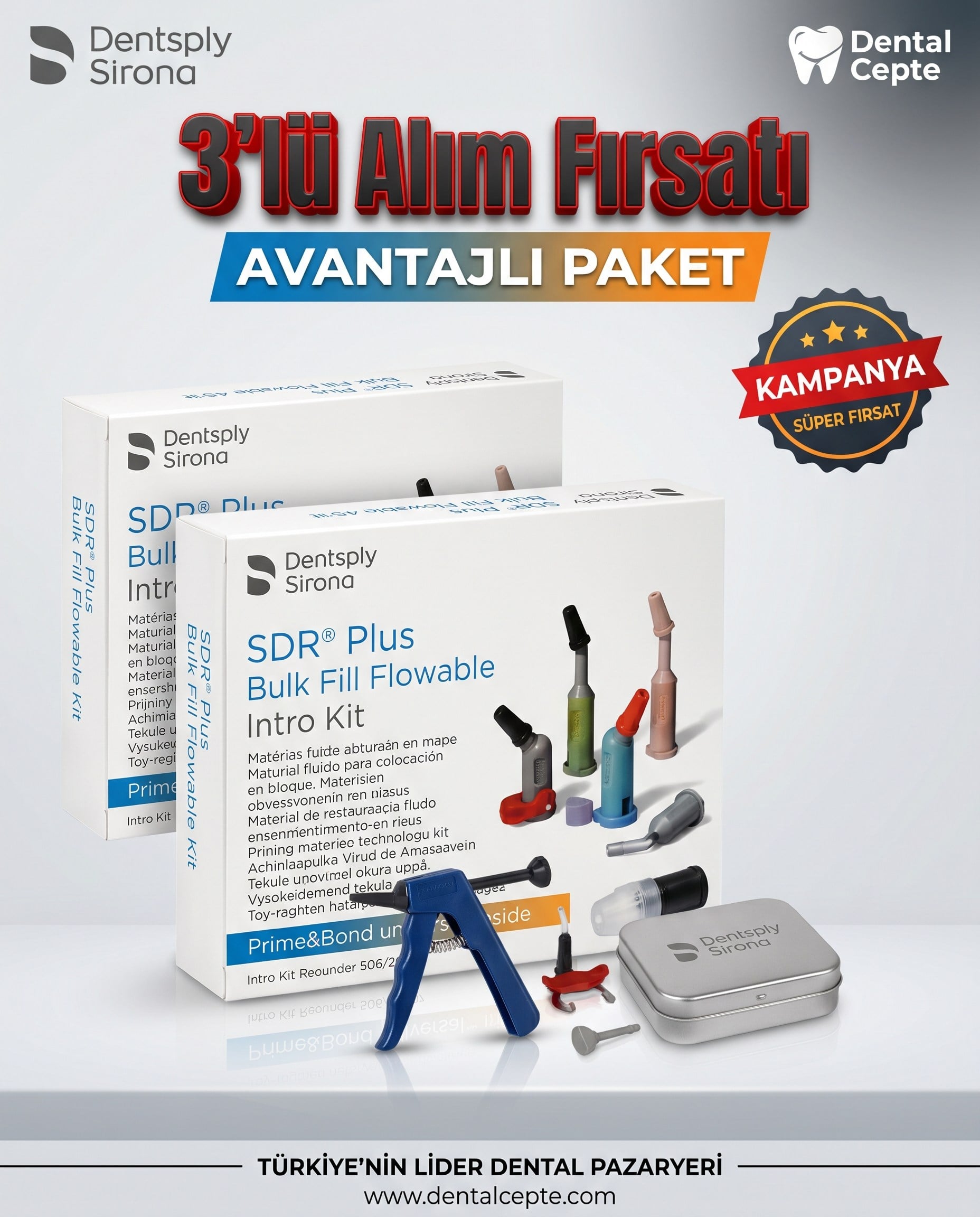 Dentsply SDR Plus Bulk Fill Flowable 45'lik Intro Kit 3'lü PaketDENTSPLY SİRONADentsply SDR Plus Bulk Fill Flowable 45'lik Intro Kit 3'lü Paket | Dental Cepte