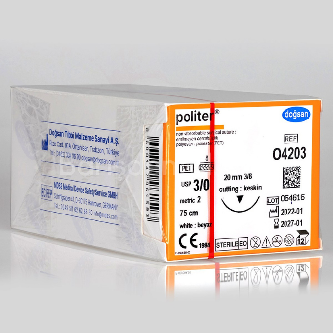 Doğsan Politer Beyaz Sütur, 3/0 20 3/8 Keskin (▼),75cm