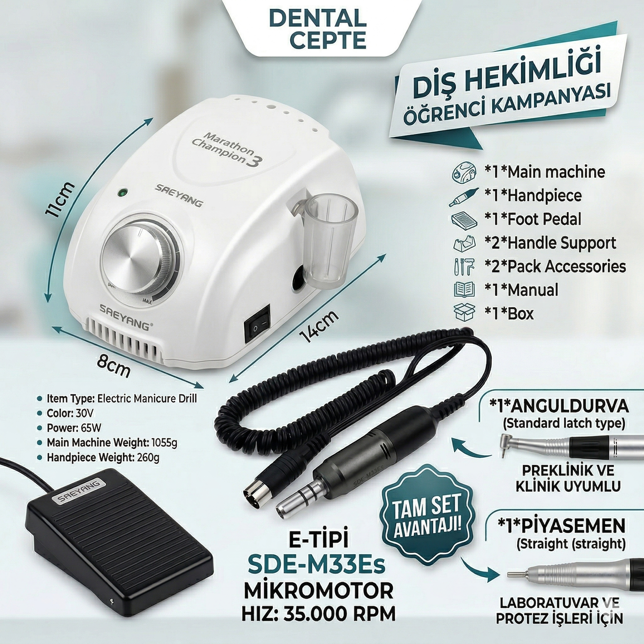 Marathon 35 Bin Devir Micromotor + Anguldurva+ Piyasemen Seti -ORJİNAL KOREMARATHON