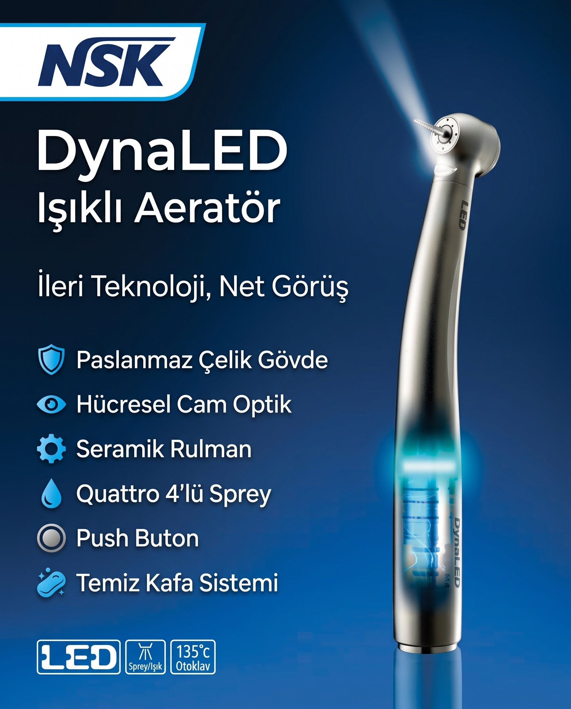 NSK DynaLed Işıklı Aeratör OrjinalNSKNSK DynaLED Işıklı Aeratör Başlığı | Kendinden Jeneratörlü LED & Quattro Sprey - DENTAL CEPTE
