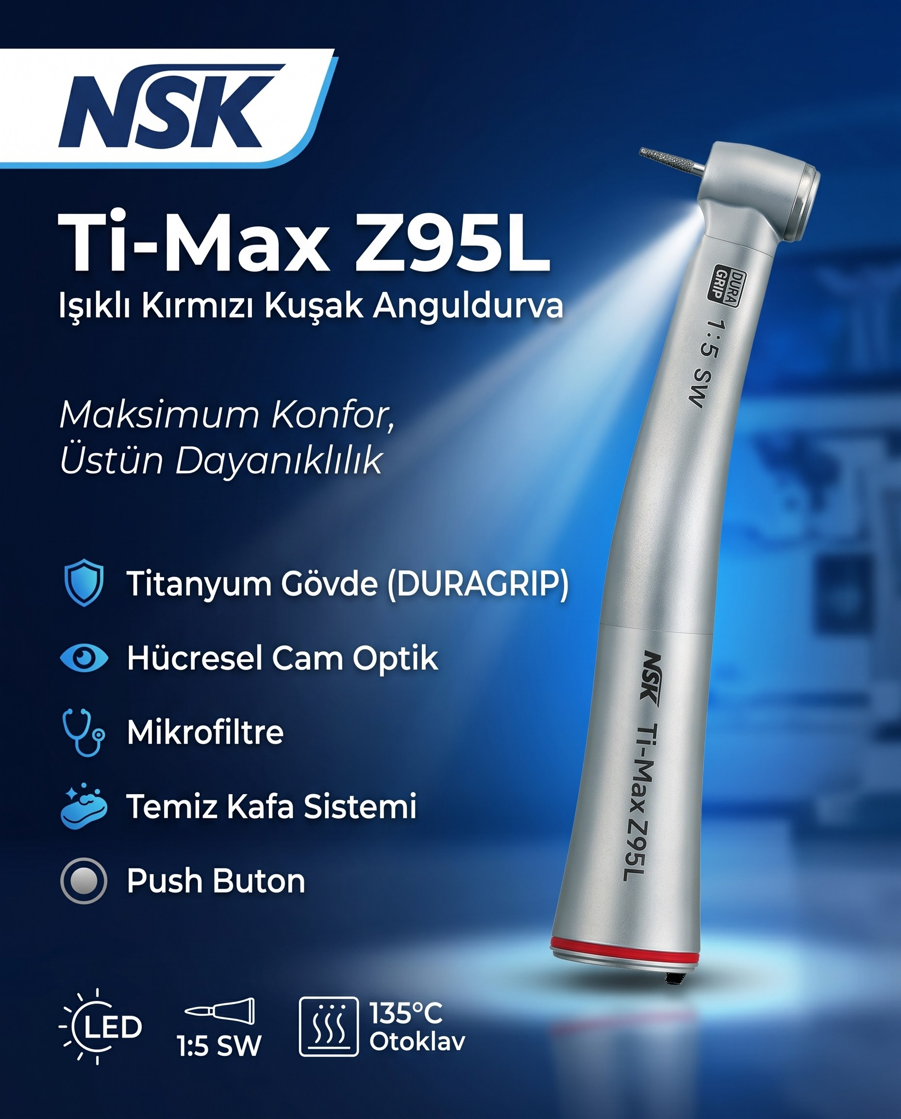 NSK Tİ-MAX Z95L  1.5 Anguldurva Işıklı Cerrahi Anguldurva Kırmızı KuşakNSKNSK Ti-Max Z95L Işıklı Kırmızı Kuşak Anguldurva 1:5 | Titanyum DURAGRIP - NSK - DENTAL CEPTE