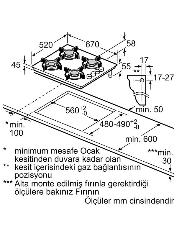 Bosch POP7C2O12O 67 cm Cam Ankastre Gazlı Ocak Beyaz