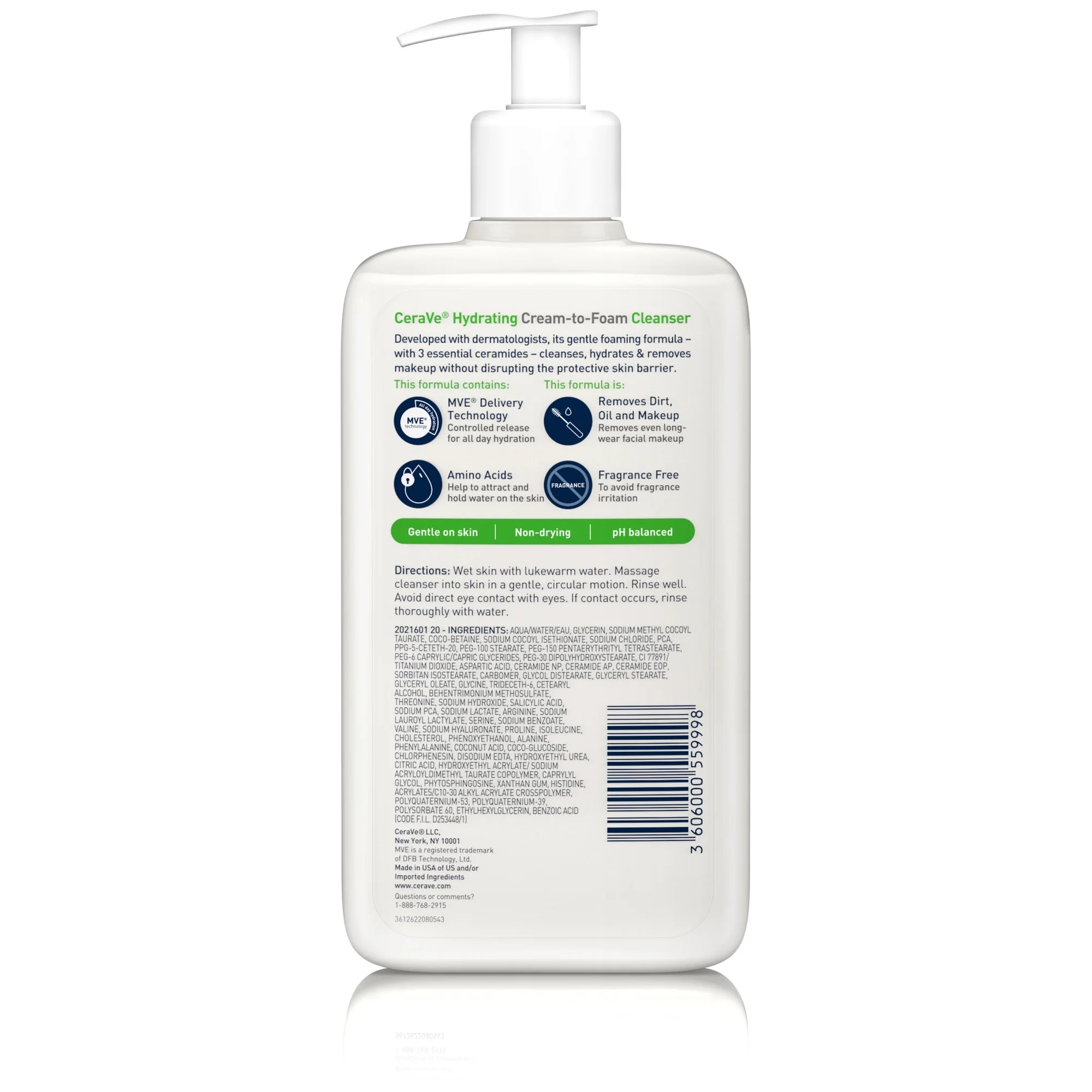 CeraVe Hydrating Cream-to-Foam Facial Cleanser with Hyaluronic Acid for Normal to Dry Skin, 355lm