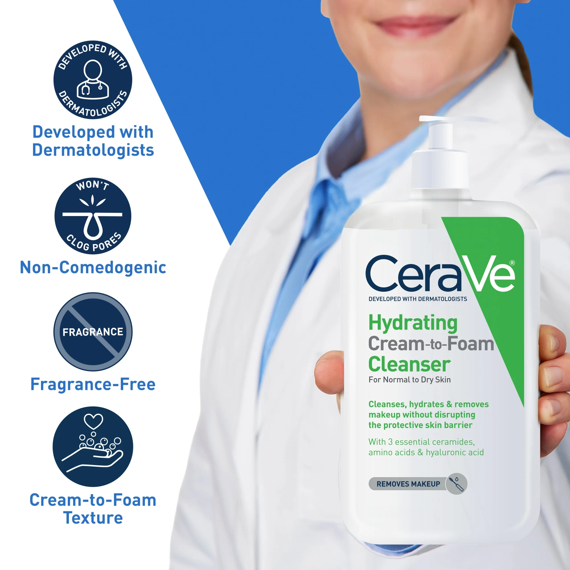 CeraVe Hydrating Cream-to-Foam Facial Cleanser with Hyaluronic Acid for Normal to Dry Skin, 355lm