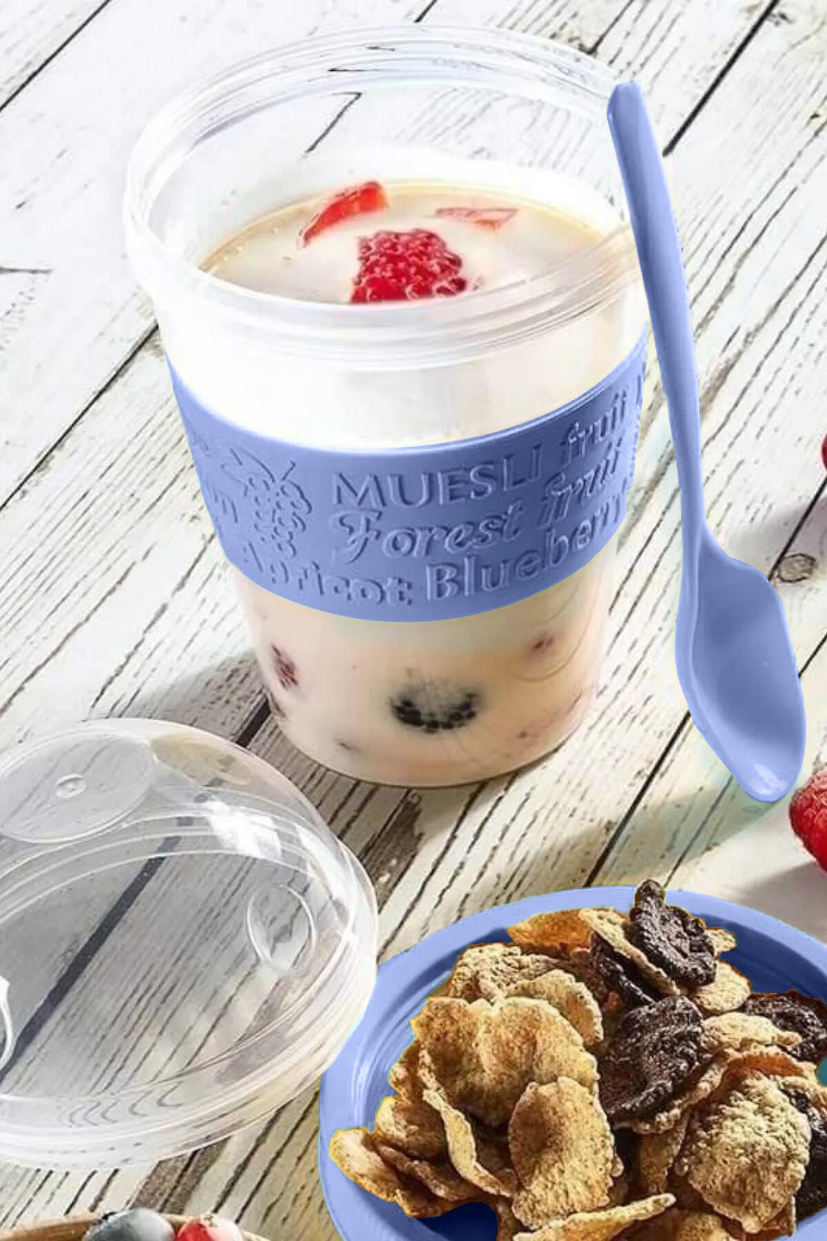 Go Detoks  Kapaklı Kaşıklı Hazırla ve Çık Meyveli Yoğurt Müsli Kabı Beslenme Diyet 600 ml