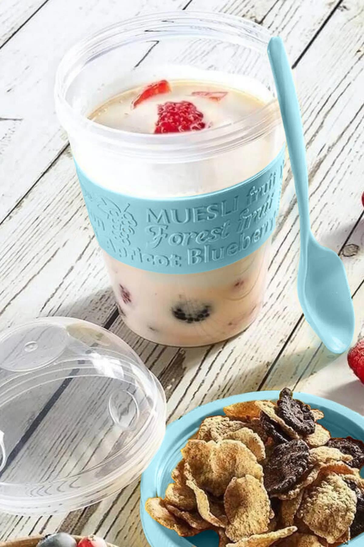 Go Detoks  Kapaklı Kaşıklı Hazırla ve Çık Meyveli Yoğurt Müsli Kabı Beslenme Diyet 600 ml