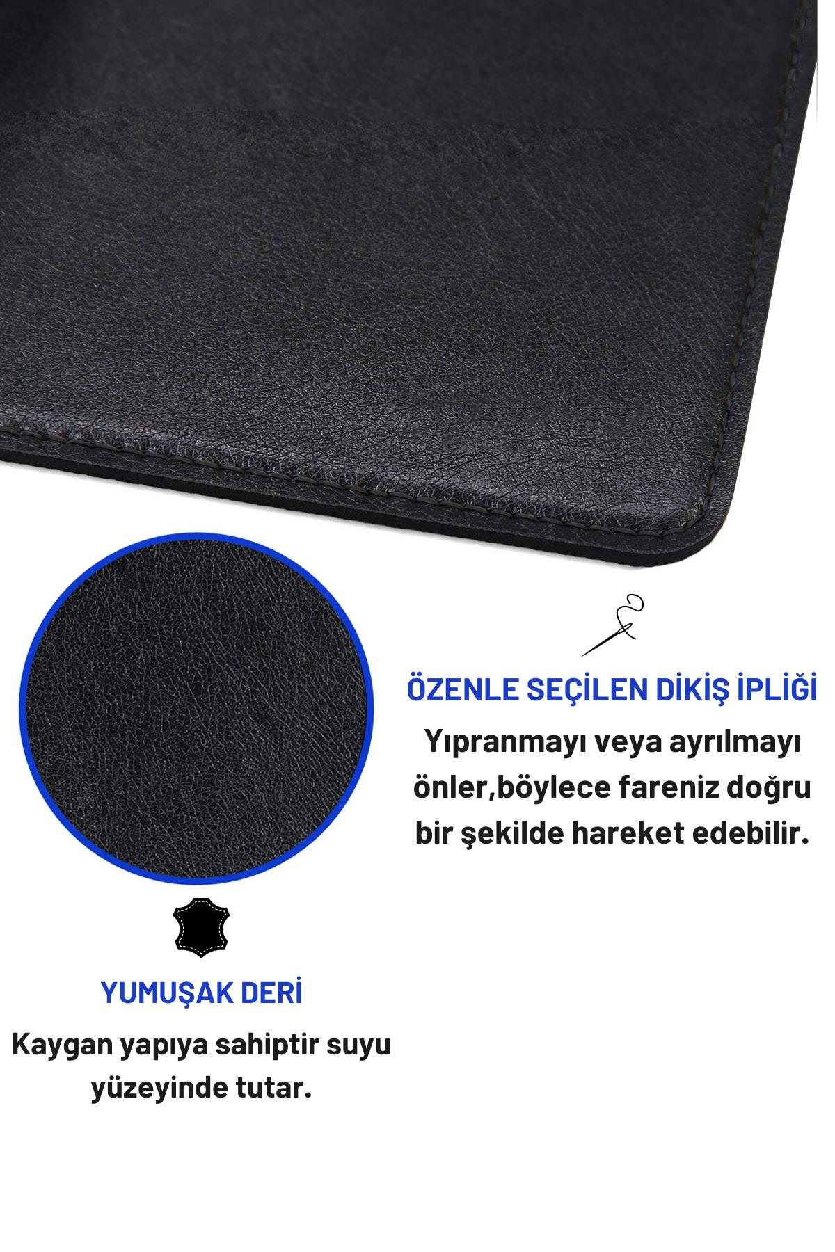 Siyah Deri Mouse Pad Dikişli Kenar  Çift Yönlü Kullanım Masa Matı Sümen 90x40 XL 