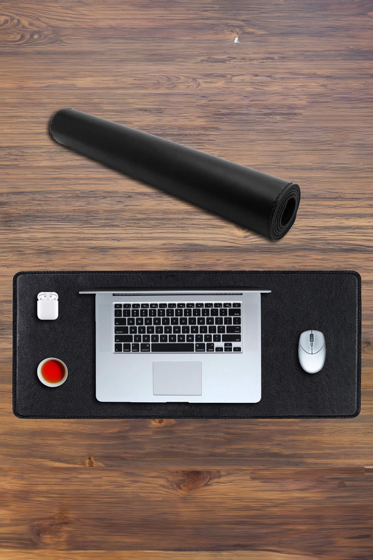 Siyah Deri Mouse Pad Dikişli Kenar  Çift Yönlü Kullanım Masa Matı Sümen 70x30 L 