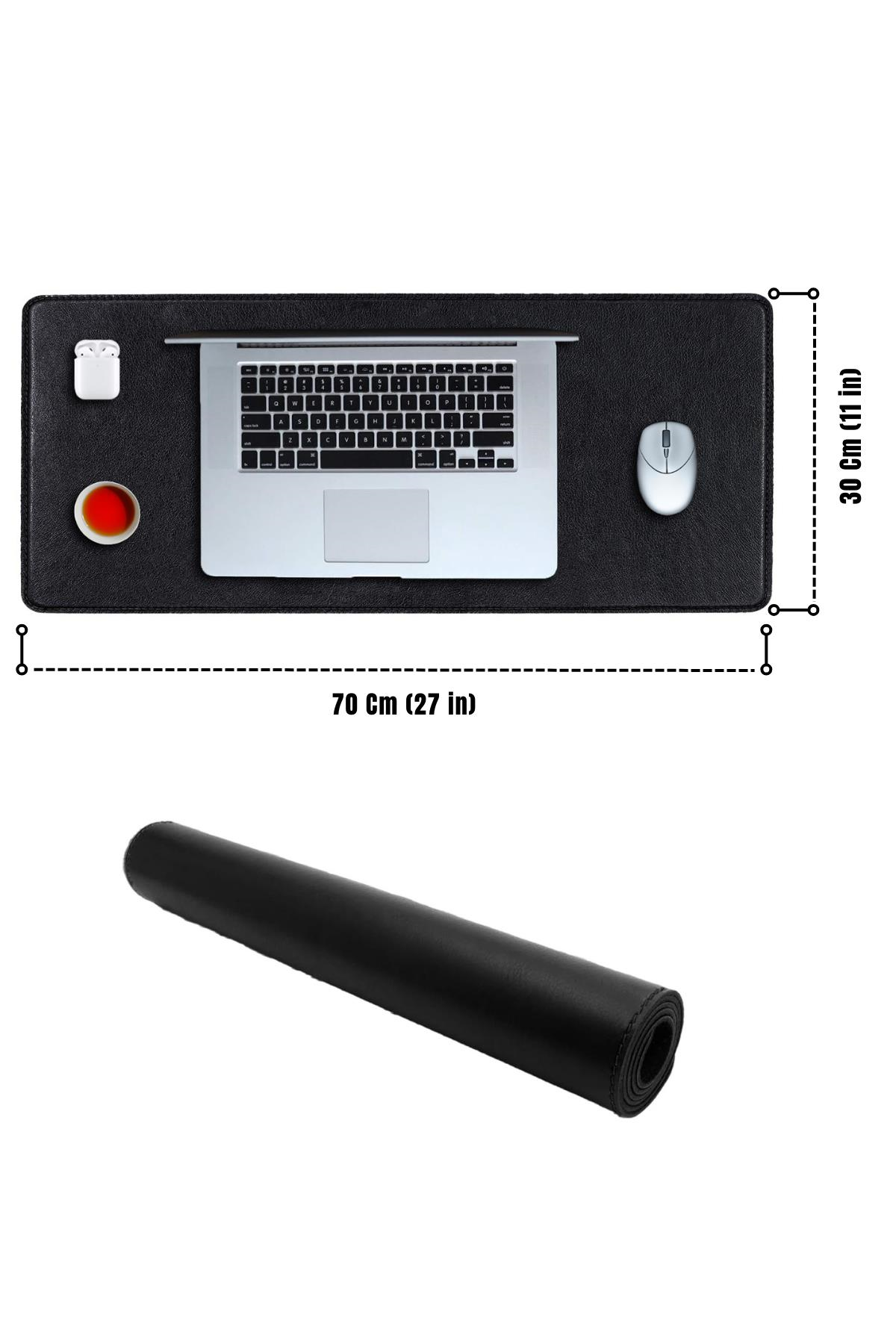 Siyah Deri Mouse Pad Dikişli Kenar  Çift Yönlü Kullanım Masa Matı Sümen 70x30 L 