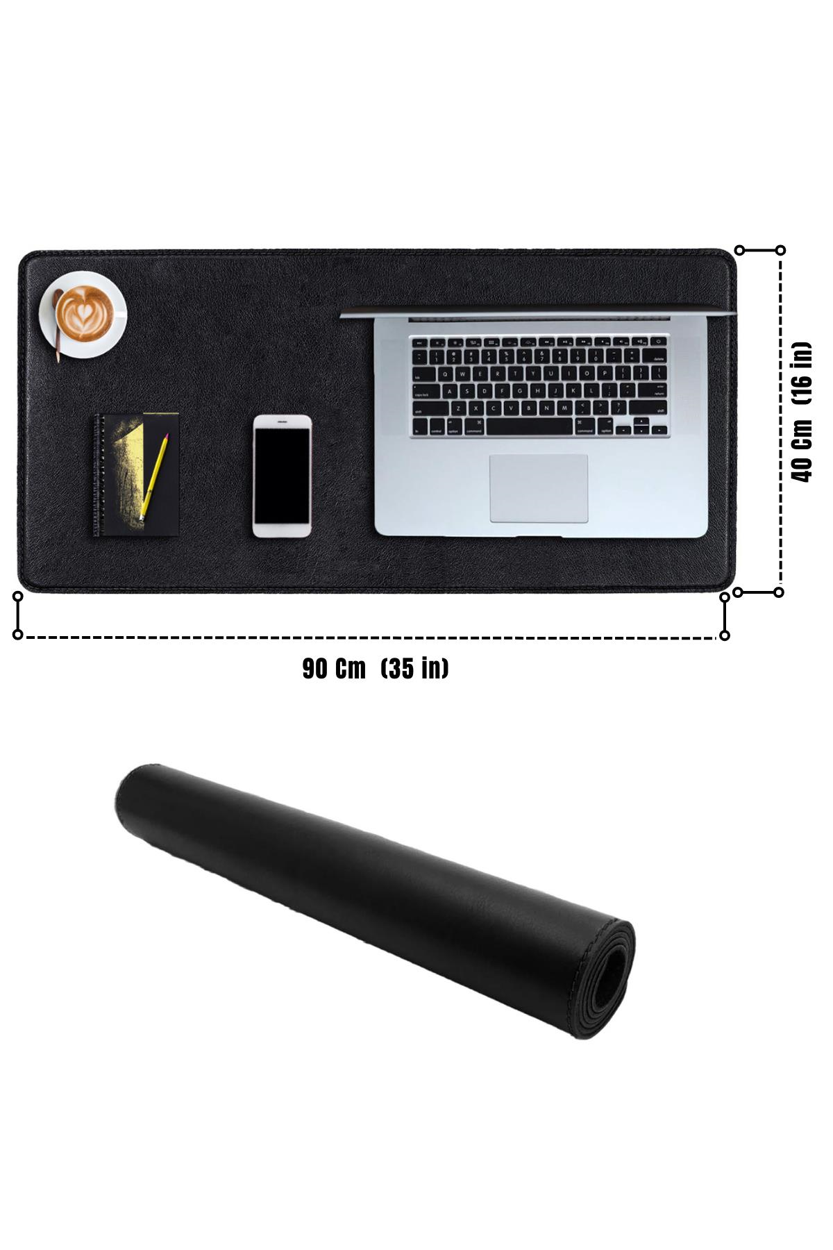 Siyah Deri Mouse Pad Dikişli Kenar  Çift Yönlü Kullanım Masa Matı Sümen 90x40 XL 