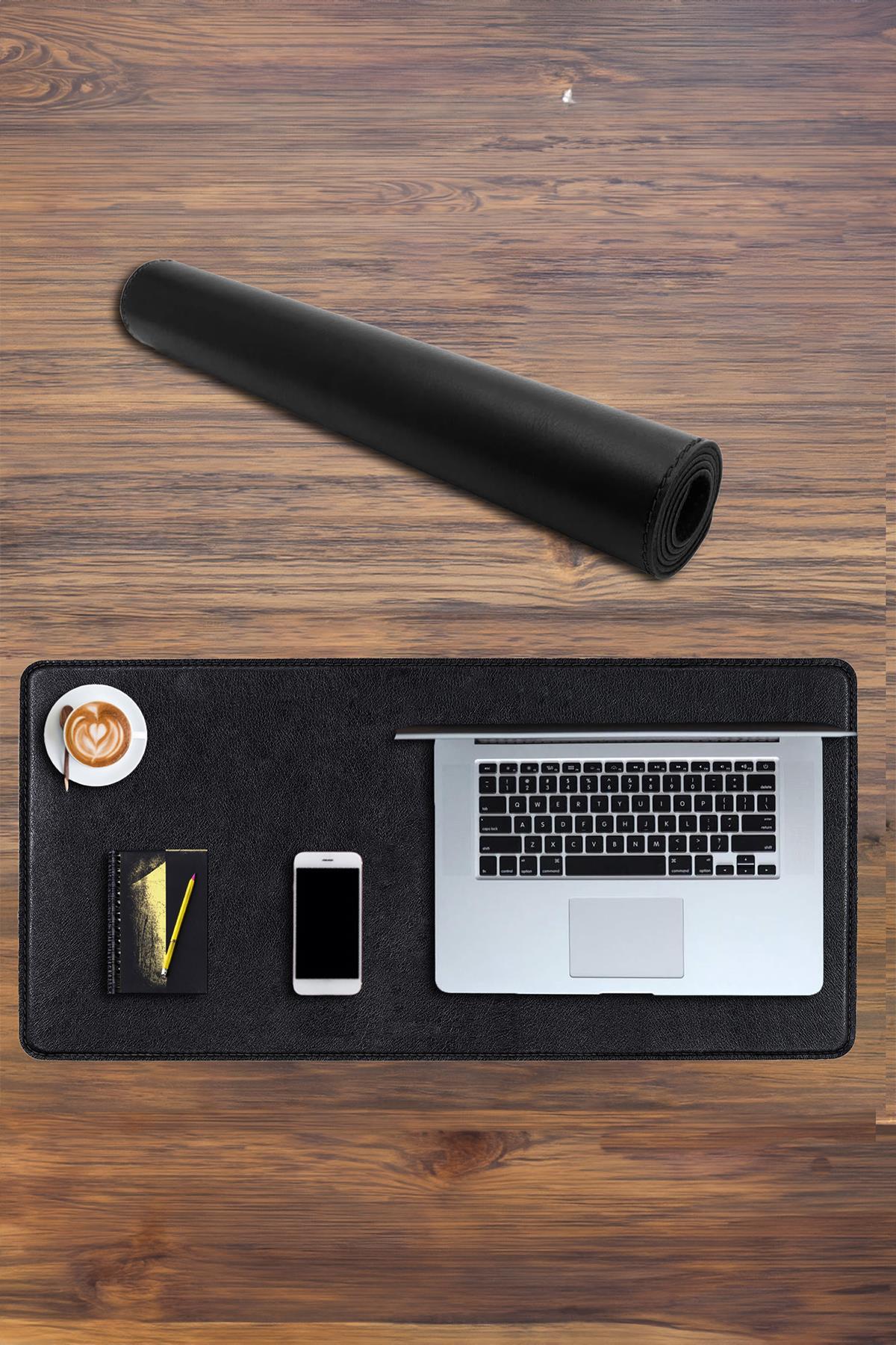 Siyah Deri Mouse Pad Dikişli Kenar  Çift Yönlü Kullanım Masa Matı Sümen 90x40 XL 