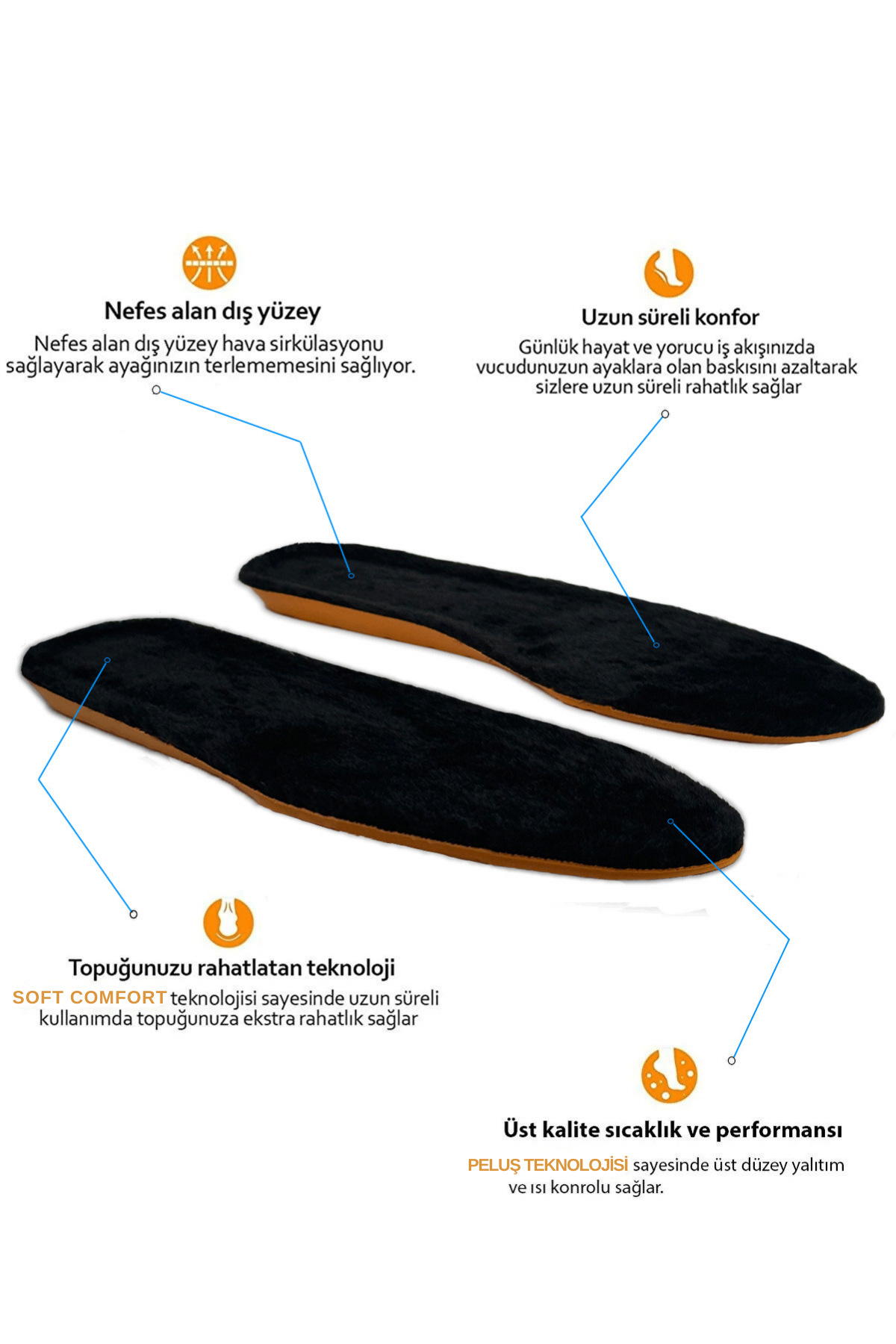 Soft Comfort Sıcak Tutan Termal Yünlü Kışlık Tabanlık Peluş Siyah-Turuncu Ortopedik Tabanlık