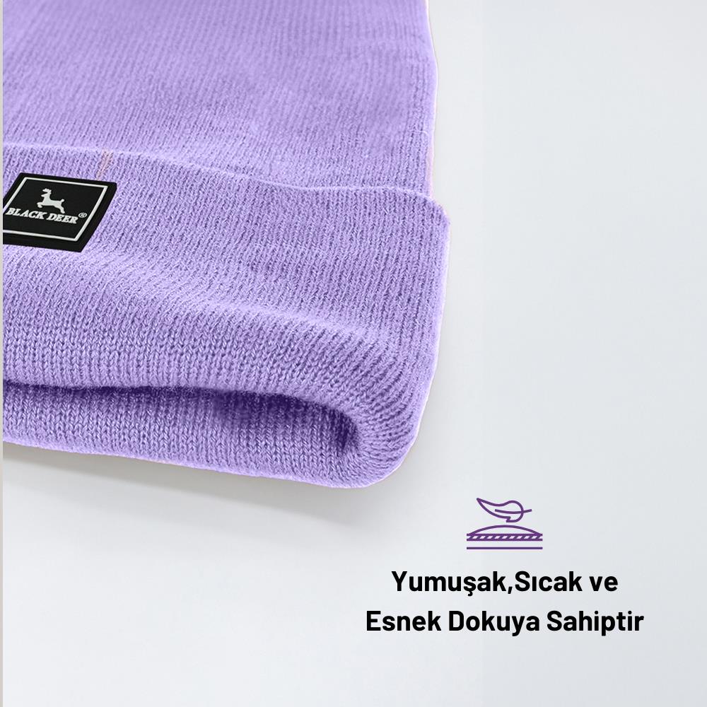 Unisex Lila Kışlık Bere Şapka Düz Logolu Yumuşak Triko Basic Akrilik Beanie