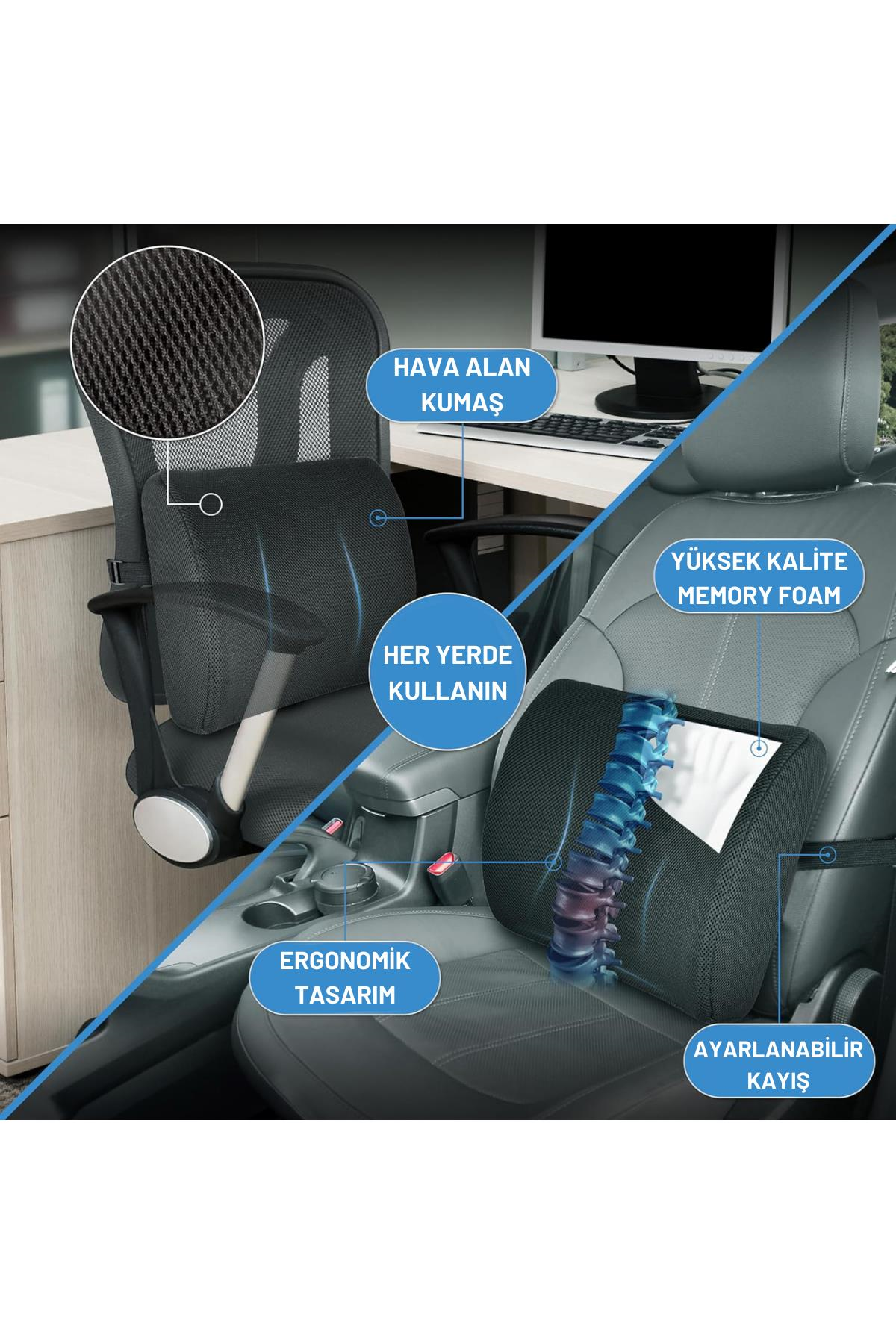 Visco Bel Destek Yastığı Memory Foam Dik Duruş Ortopedik Yastık Omurga Yastığı Ortopedik Sırt Destek Minderi