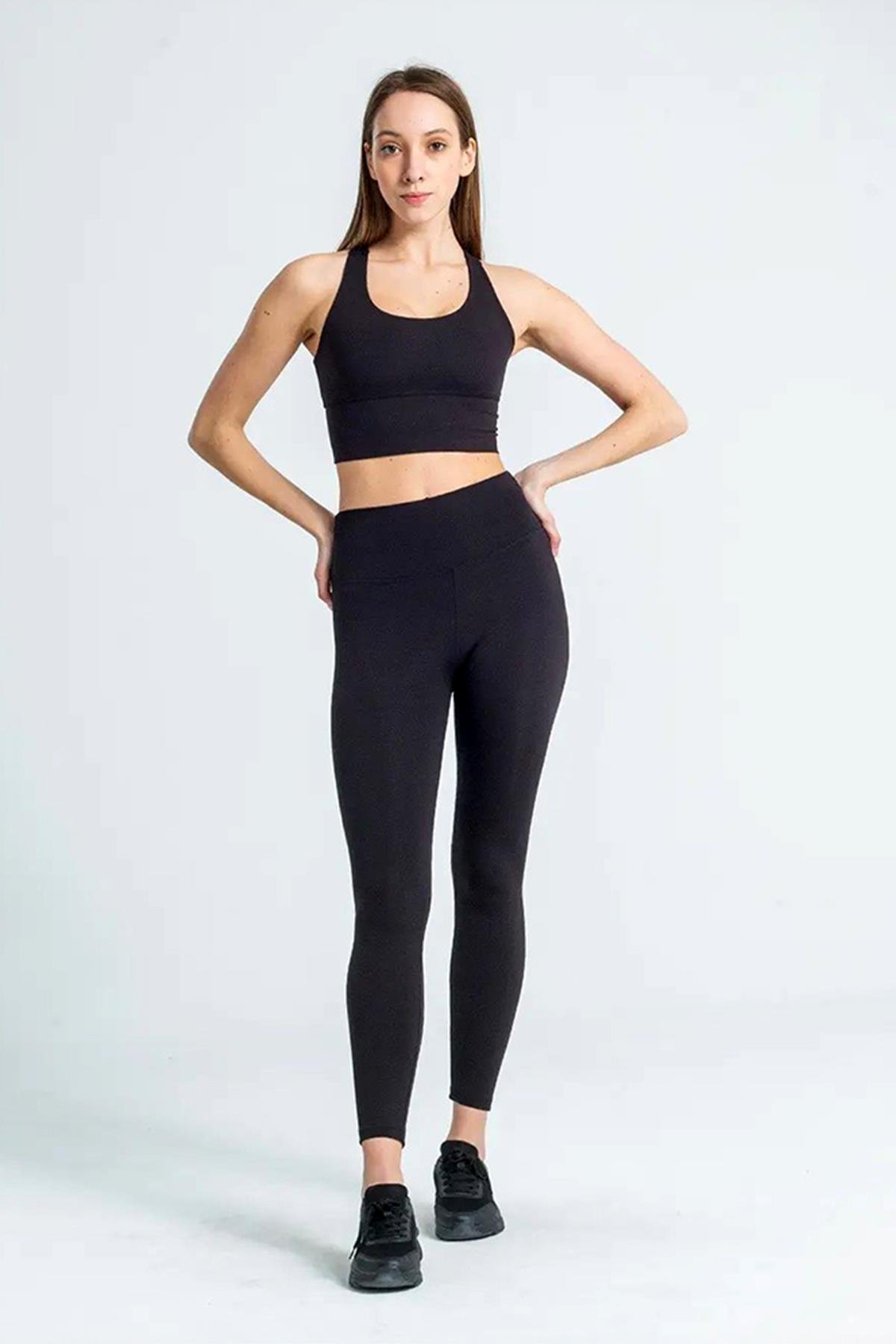 Yüksek Bel Geniş Kemer Toparlayıcı Sıkılaştırıcı Dalgıç Kumaş Günlük Spor Kadın Tayt Siyah 