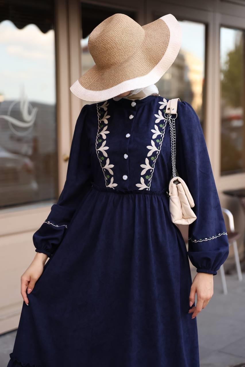 1580 Nakış Detaylı Elbise - Lacivert 