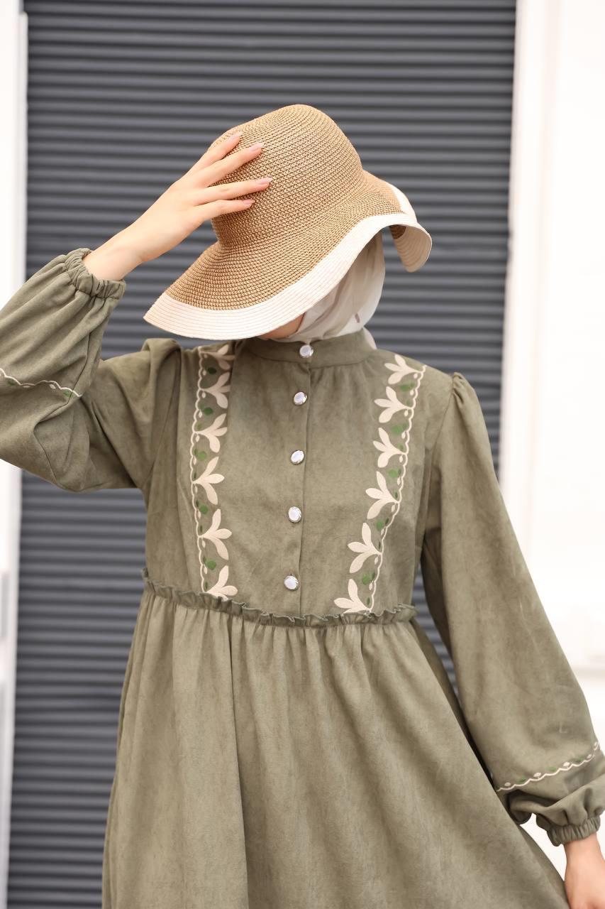 1580 Nakış Detaylı Elbise - Yeşil 